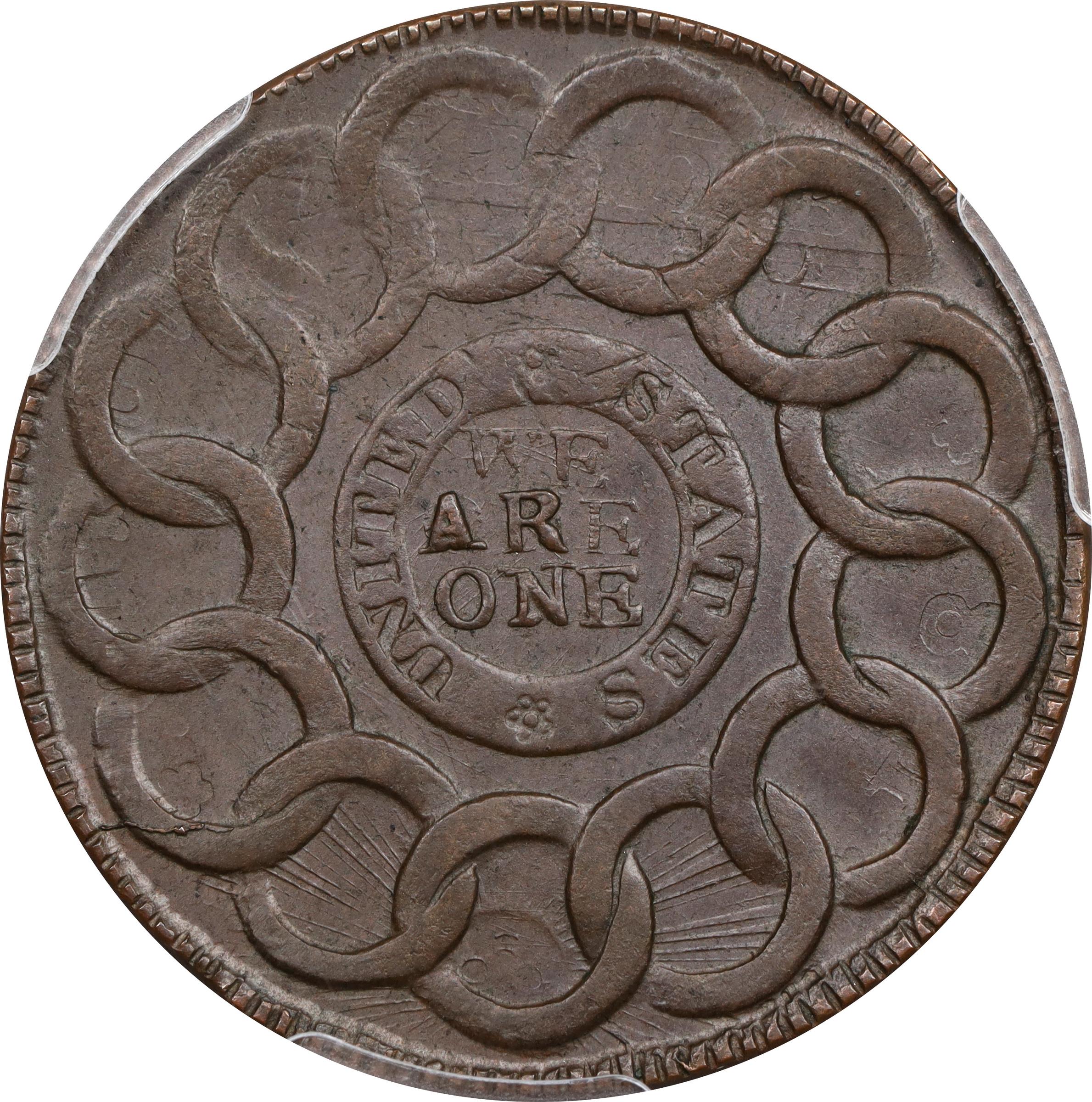 image for: 1787 Fugio Cent. Pointed Rays. Newman 11-B, W-6785. Rarity-4. UNITED STATES, 4 Cinquefoils. MS-62 BN (PCGS).