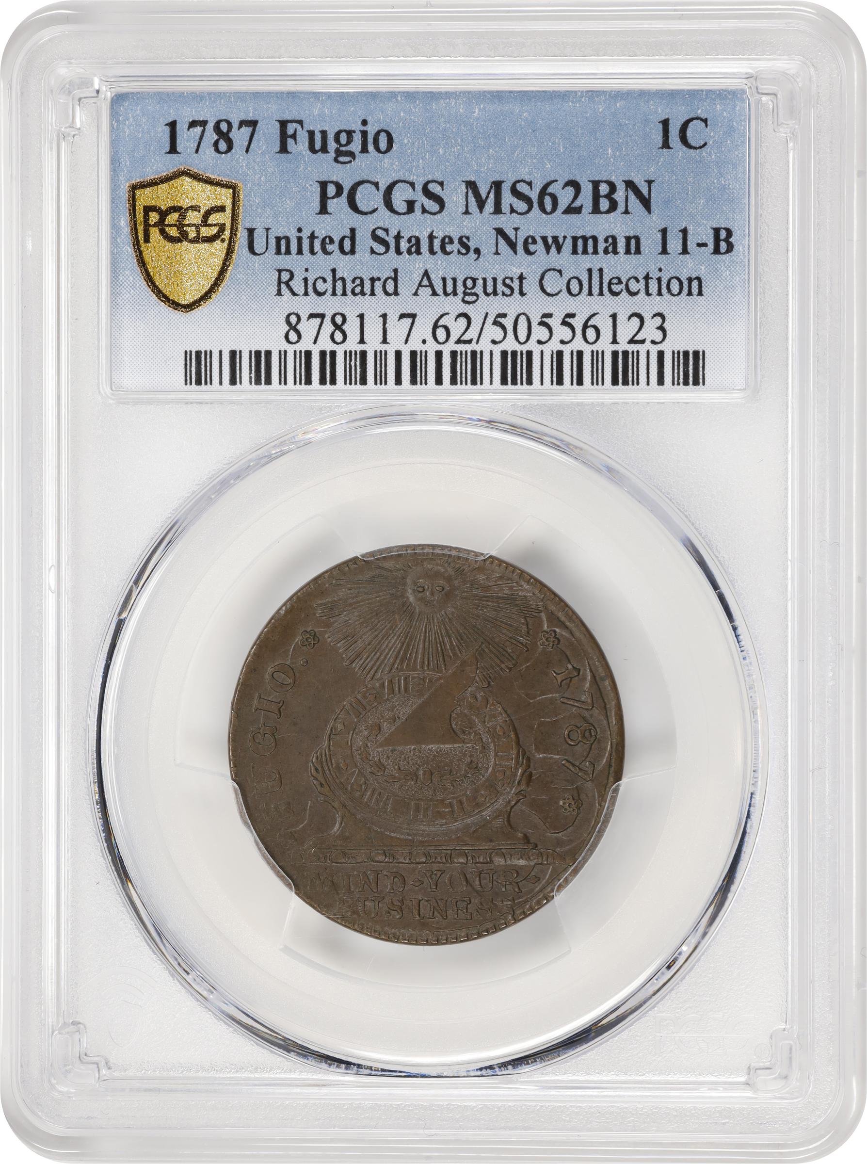 image for: 1787 Fugio Cent. Pointed Rays. Newman 11-B, W-6785. Rarity-4. UNITED STATES, 4 Cinquefoils. MS-62 BN (PCGS).