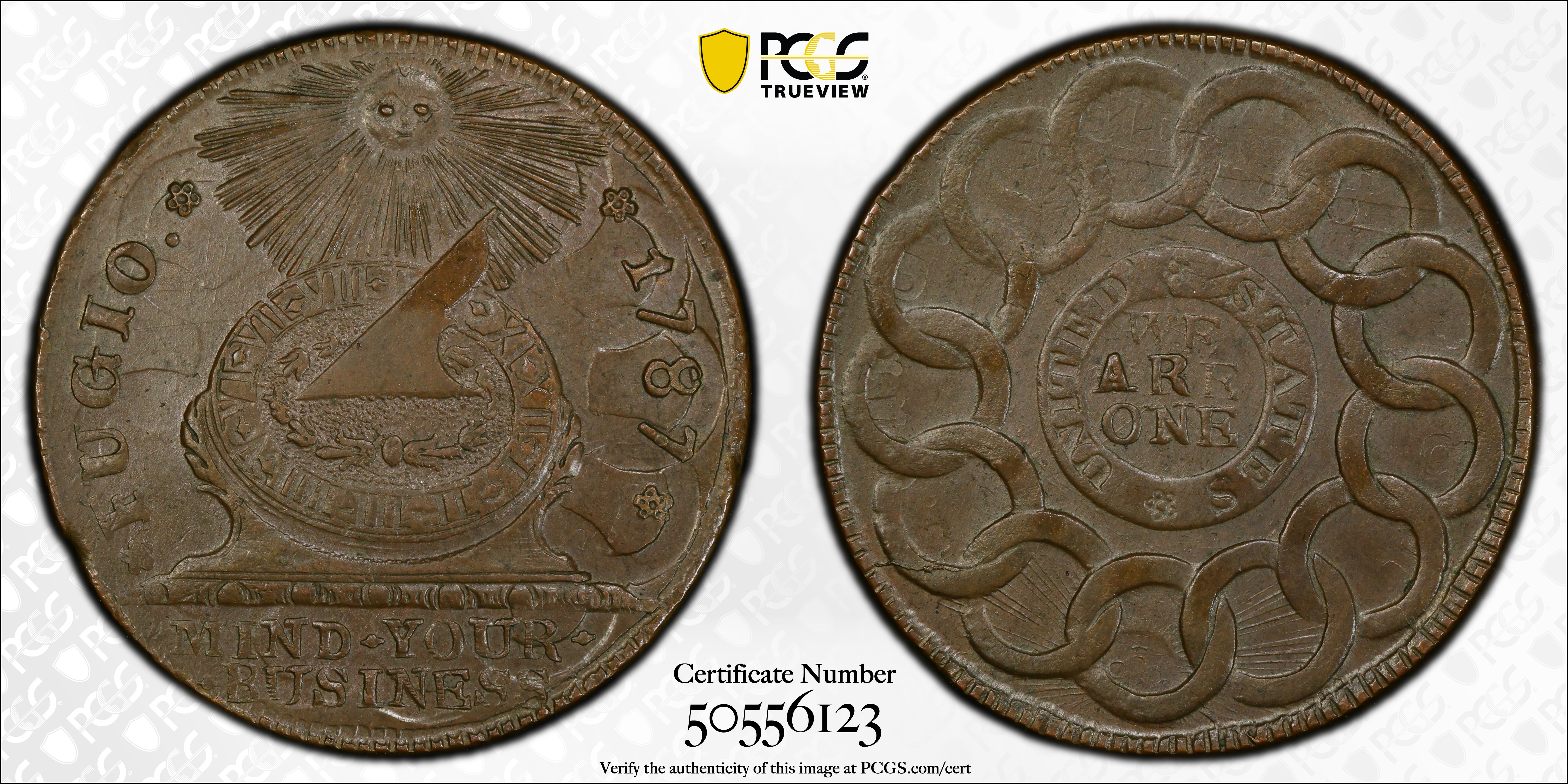 image for: 1787 Fugio Cent. Pointed Rays. Newman 11-B, W-6785. Rarity-4. UNITED STATES, 4 Cinquefoils. MS-62 BN (PCGS).
