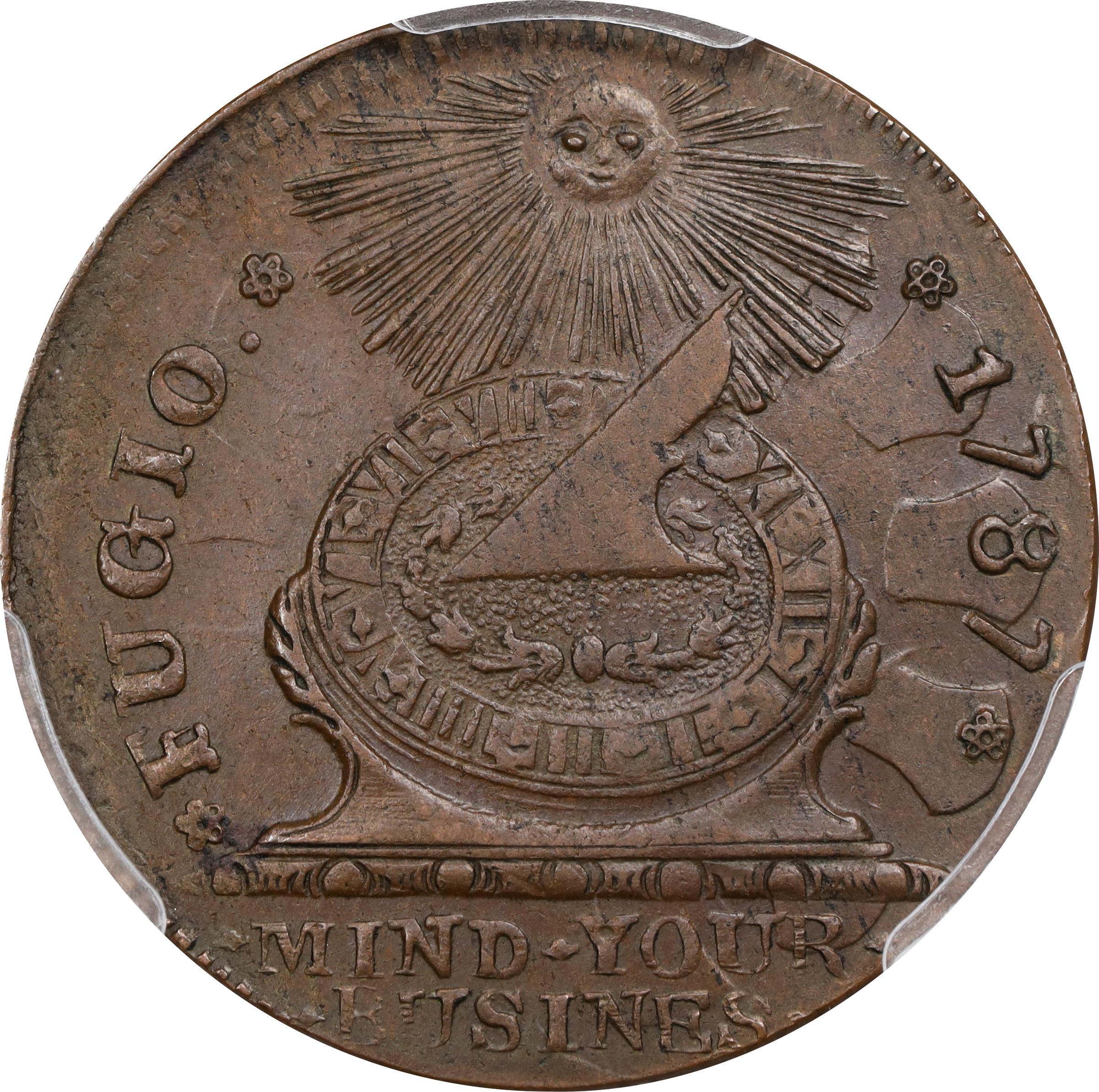 image for: 1787 Fugio Cent. Pointed Rays. Newman 11-X, W-6790. Rarity-3. STATES UNITED, 4 Cinquefoils. MS-62 BN (PCGS).