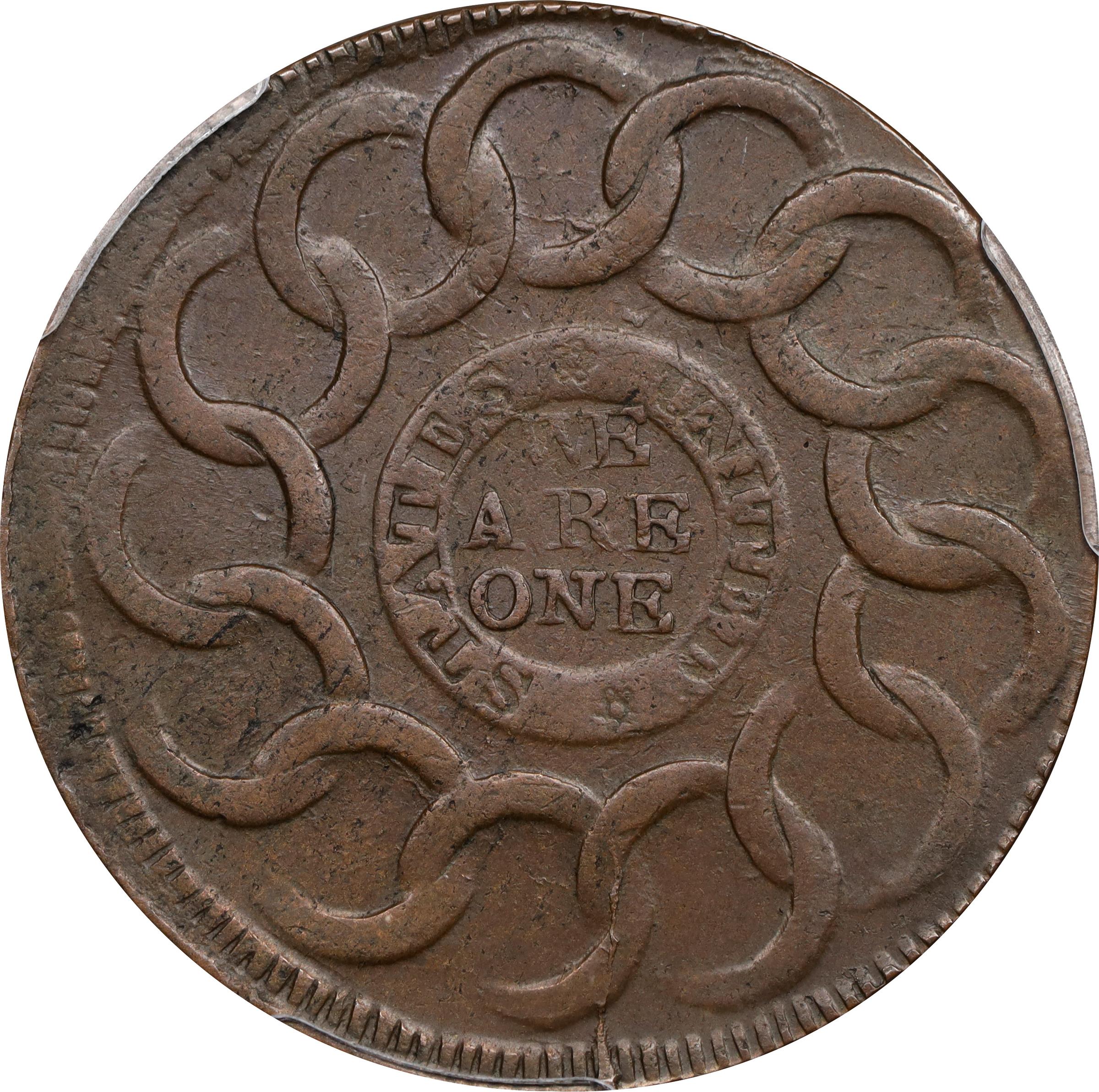 image for: 1787 Fugio Cent. Pointed Rays. Newman 11-X, W-6790. Rarity-3. STATES UNITED, 4 Cinquefoils. MS-62 BN (PCGS).