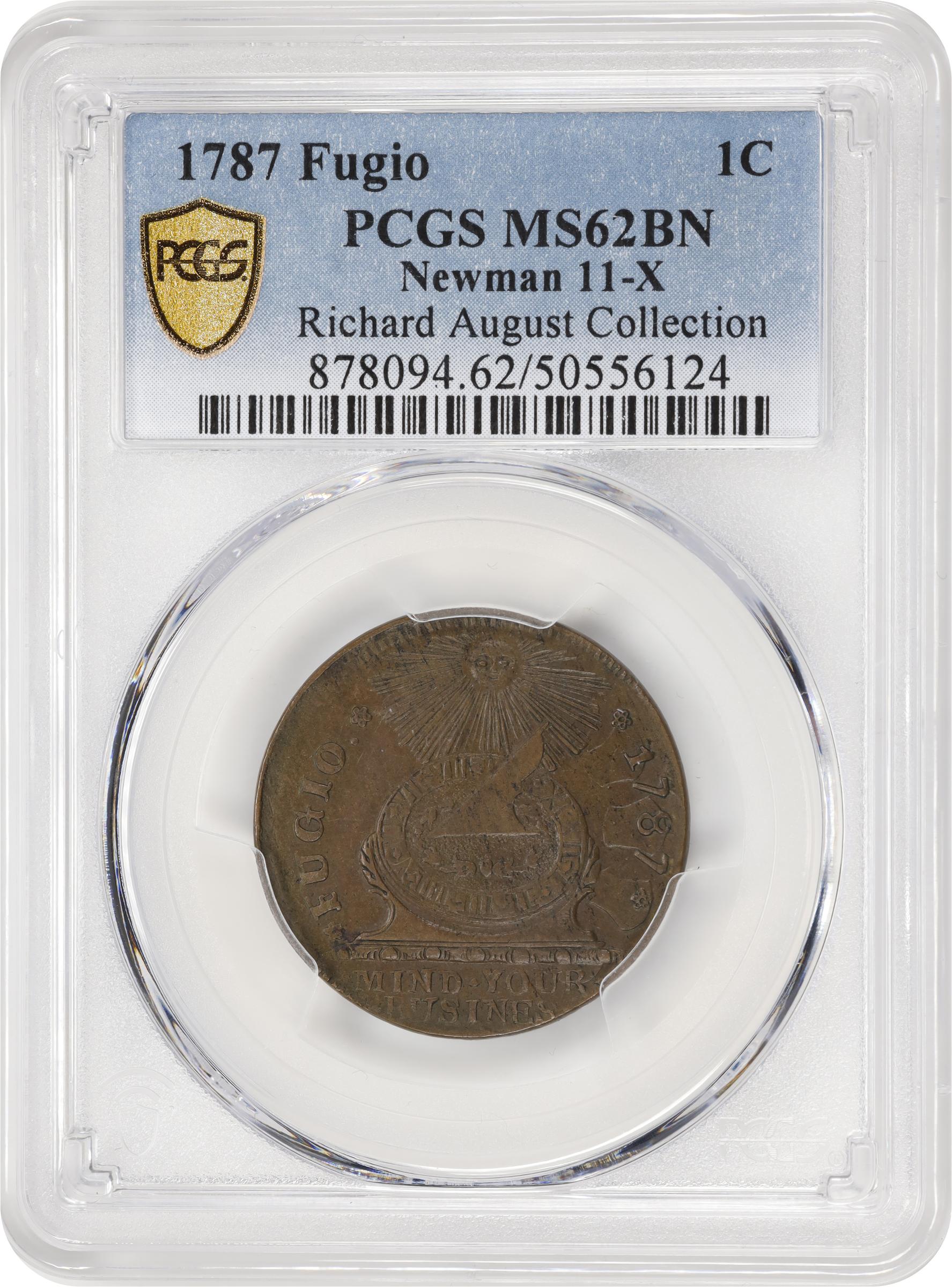 image for: 1787 Fugio Cent. Pointed Rays. Newman 11-X, W-6790. Rarity-3. STATES UNITED, 4 Cinquefoils. MS-62 BN (PCGS).
