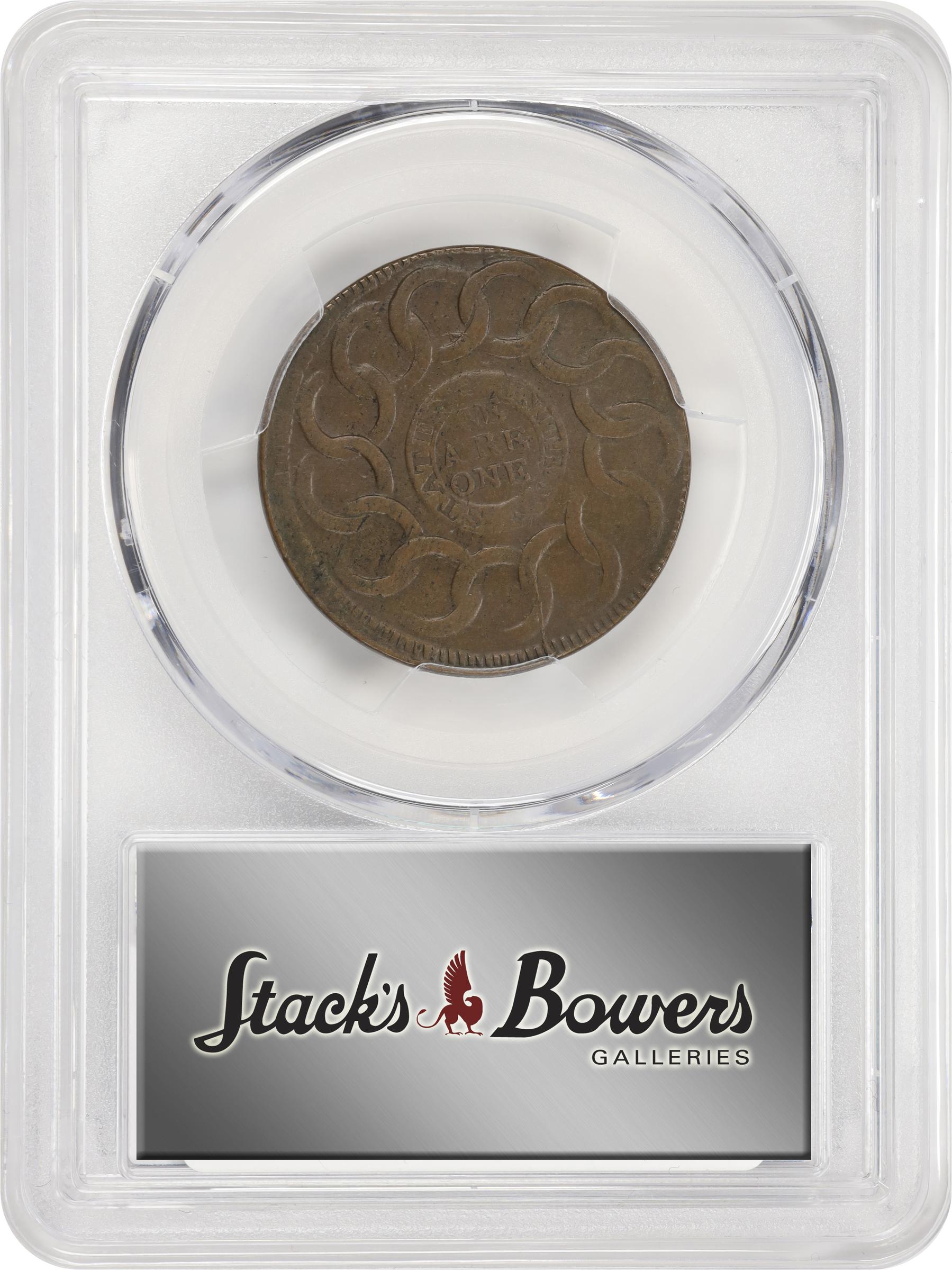 image for: 1787 Fugio Cent. Pointed Rays. Newman 11-X, W-6790. Rarity-3. STATES UNITED, 4 Cinquefoils. MS-62 BN (PCGS).