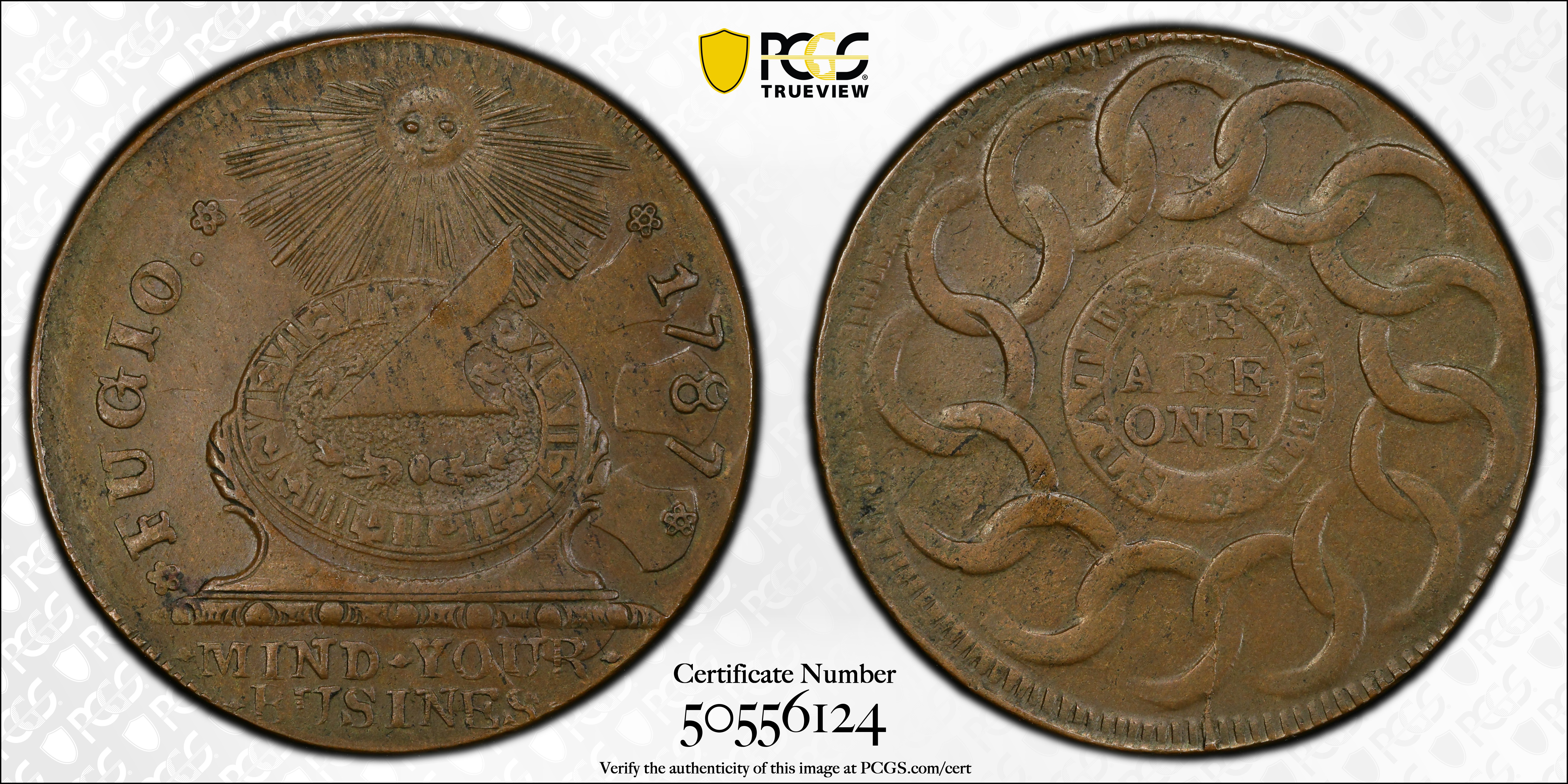 image for: 1787 Fugio Cent. Pointed Rays. Newman 11-X, W-6790. Rarity-3. STATES UNITED, 4 Cinquefoils. MS-62 BN (PCGS).