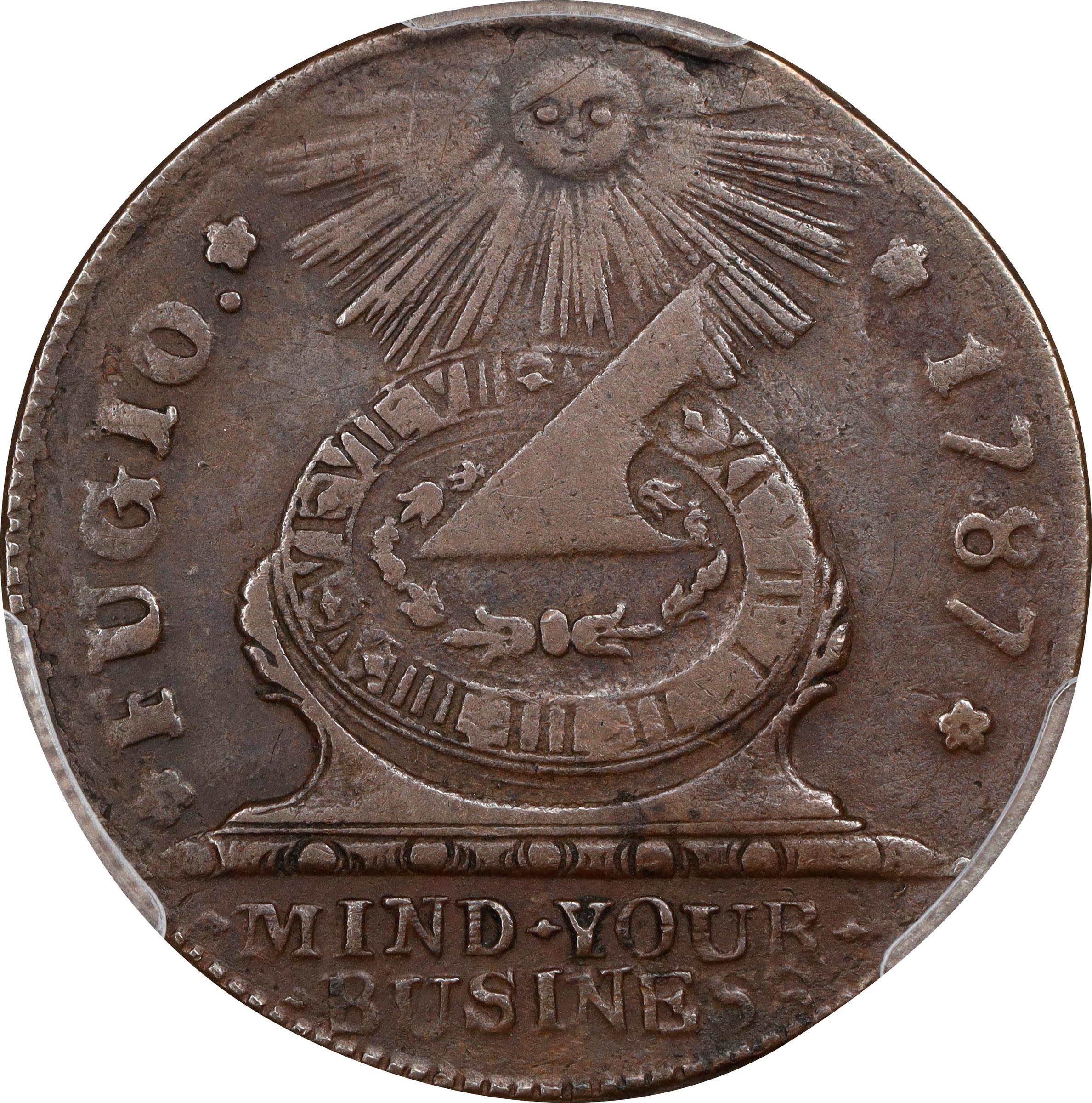 image for: 1787 Fugio Cent. Pointed Rays. Newman 12-M, W-6800. Rarity-3. STATES UNITED, 4 Cinquefoils. EF-40 (PCGS).