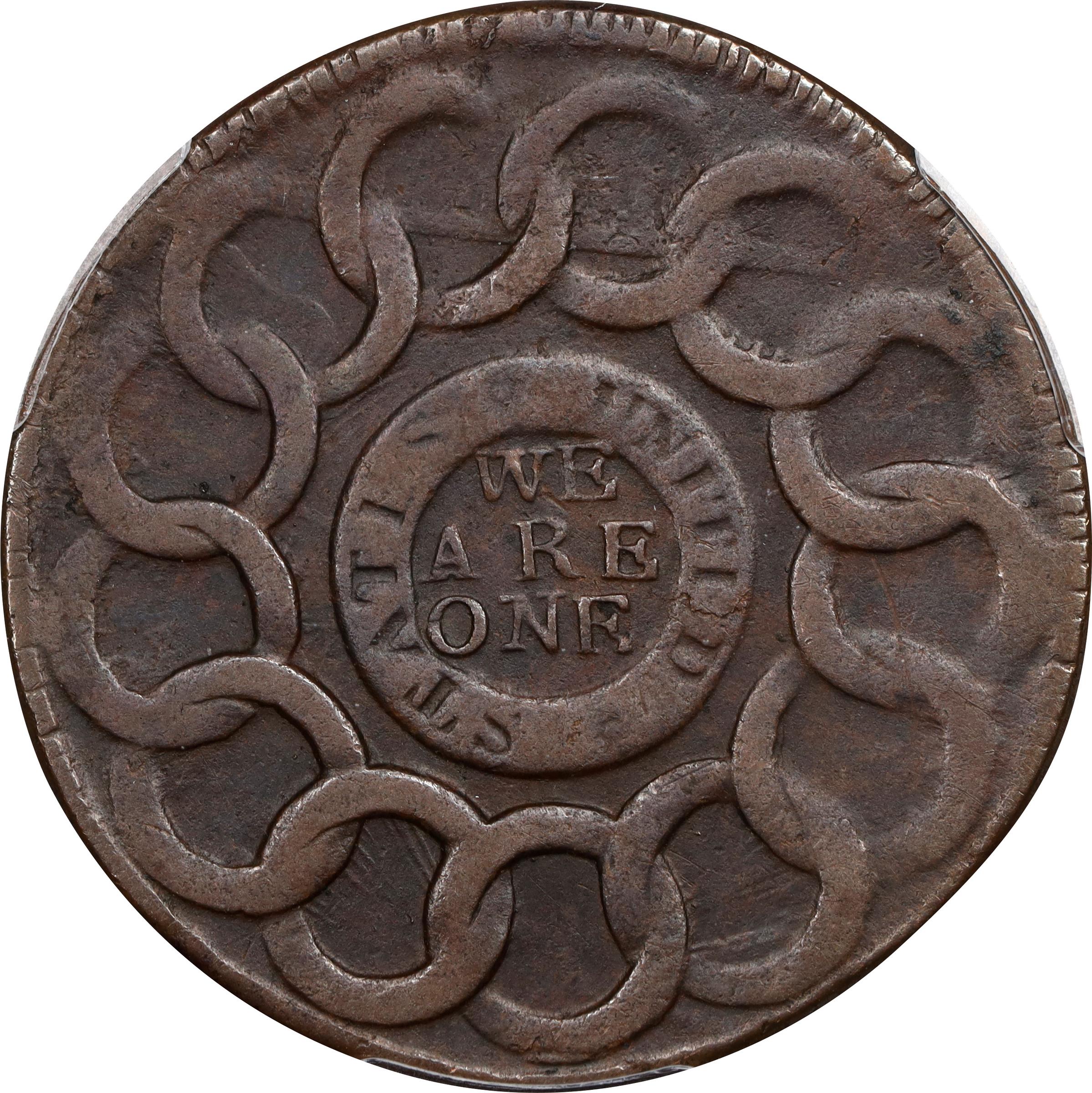 image for: 1787 Fugio Cent. Pointed Rays. Newman 12-M, W-6800. Rarity-3. STATES UNITED, 4 Cinquefoils. EF-40 (PCGS).