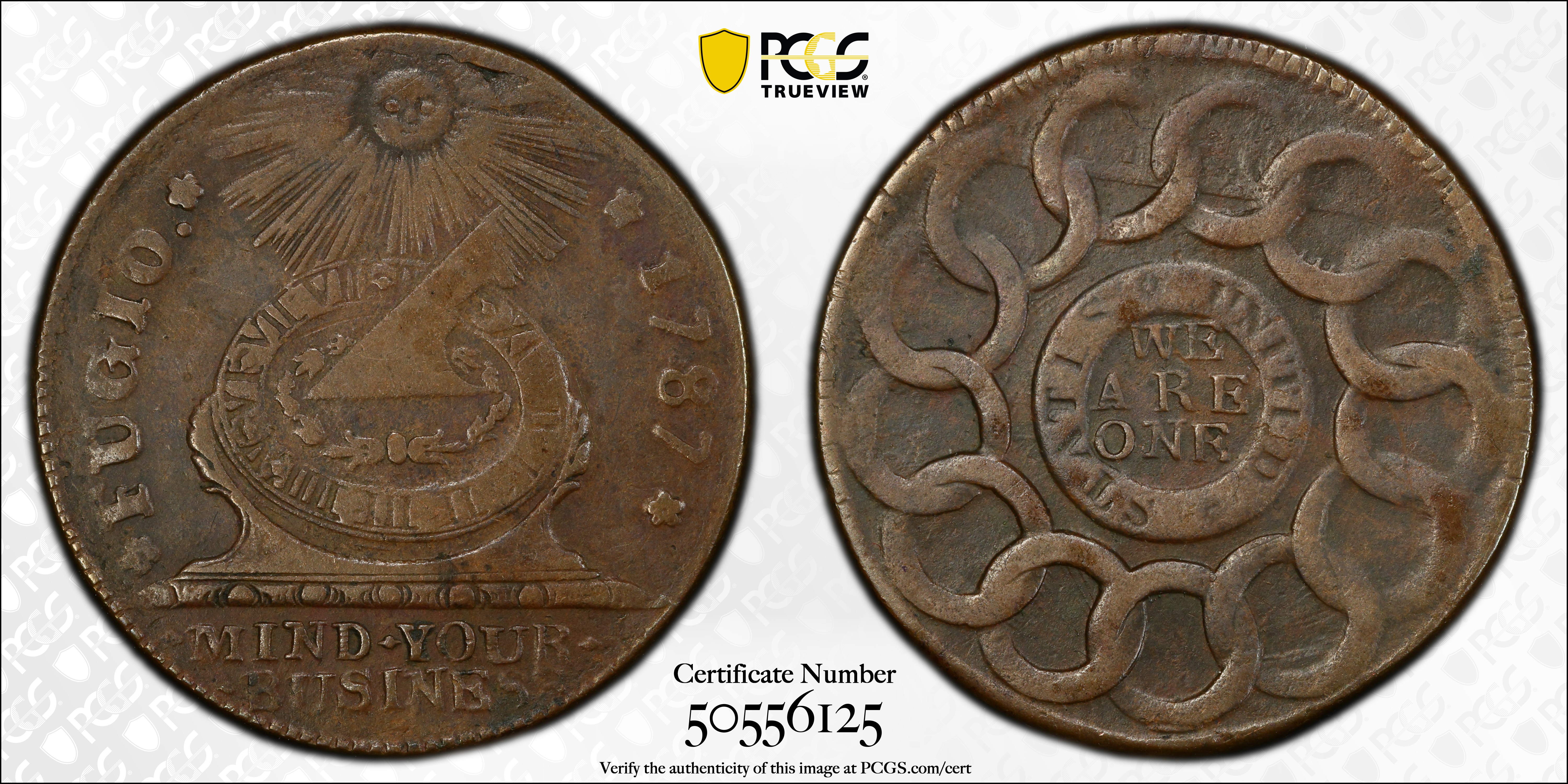 image for: 1787 Fugio Cent. Pointed Rays. Newman 12-M, W-6800. Rarity-3. STATES UNITED, 4 Cinquefoils. EF-40 (PCGS).