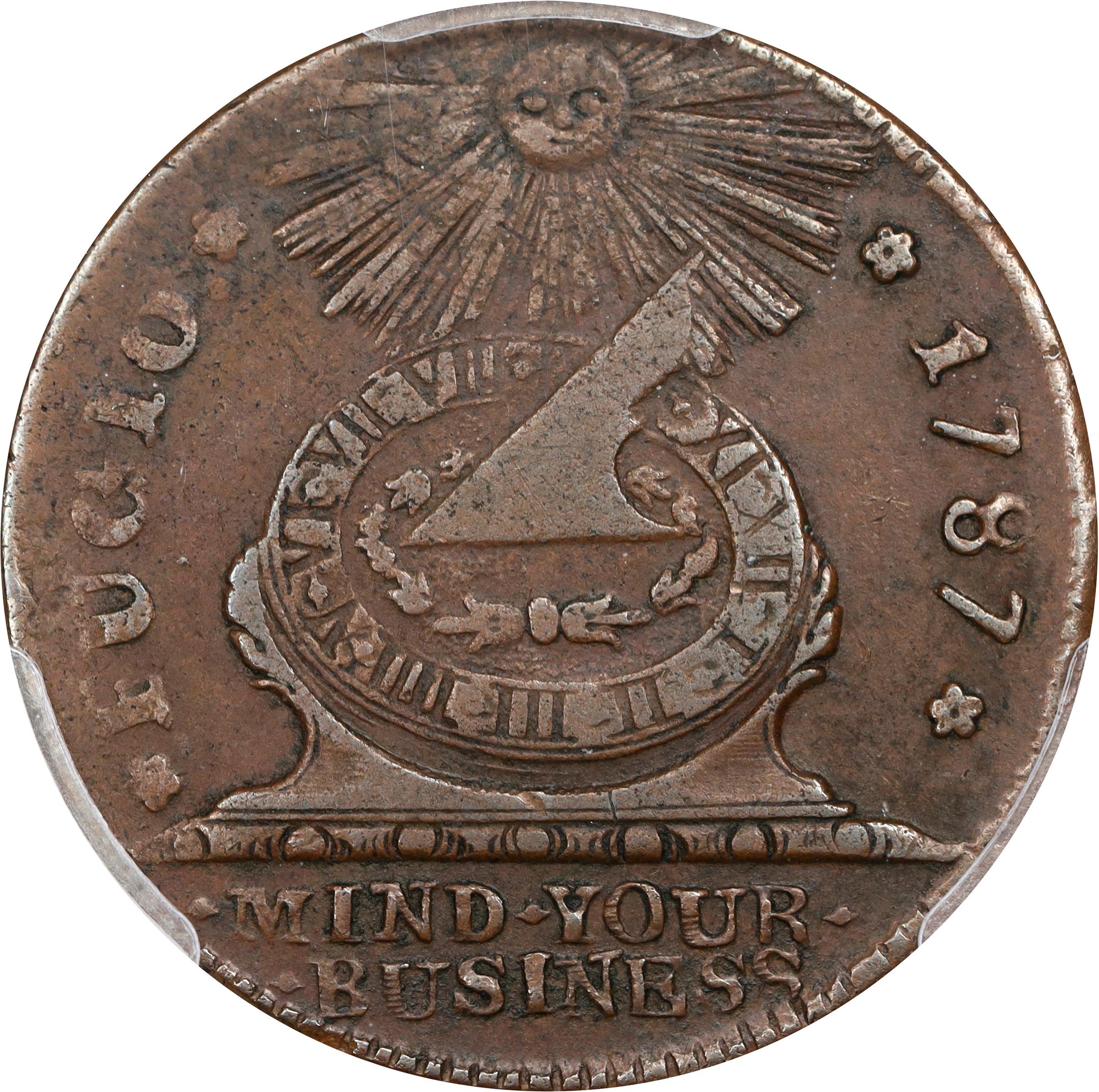 image for: 1787 Fugio Cent. Pointed Rays. Newman 12-S, W-6805. Rarity-5-. STATES UNITED, 4 Cinquefoils. EF-45 (PCGS).
