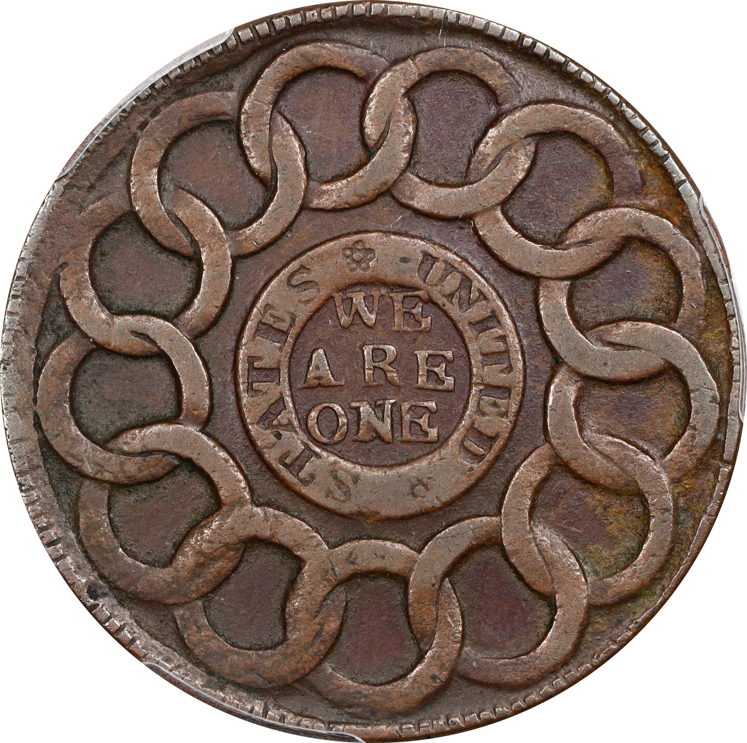 image for: 1787 Fugio Cent. Pointed Rays. Newman 12-S, W-6805. Rarity-5-. STATES UNITED, 4 Cinquefoils. EF-45 (PCGS).