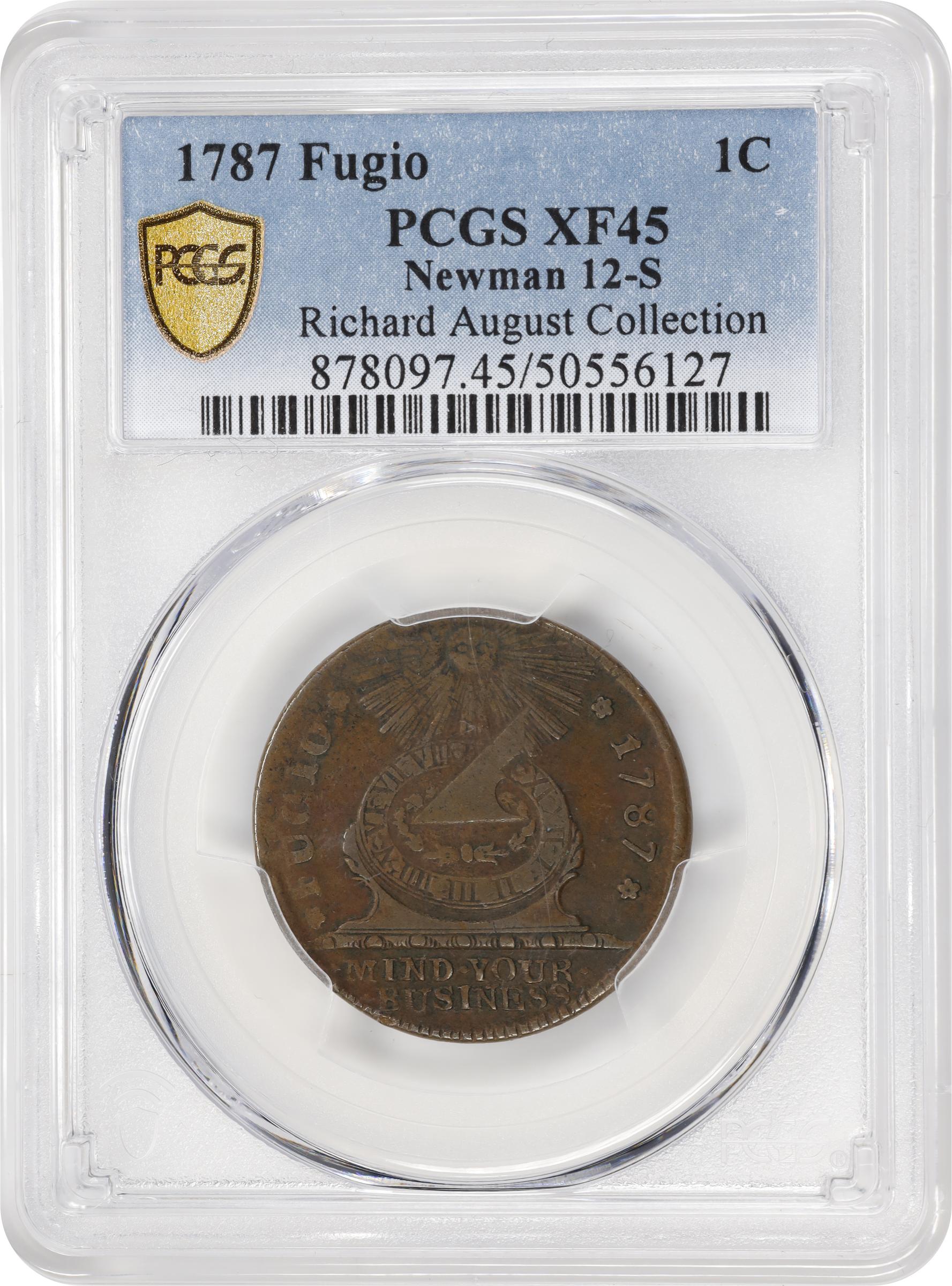 image for: 1787 Fugio Cent. Pointed Rays. Newman 12-S, W-6805. Rarity-5-. STATES UNITED, 4 Cinquefoils. EF-45 (PCGS).