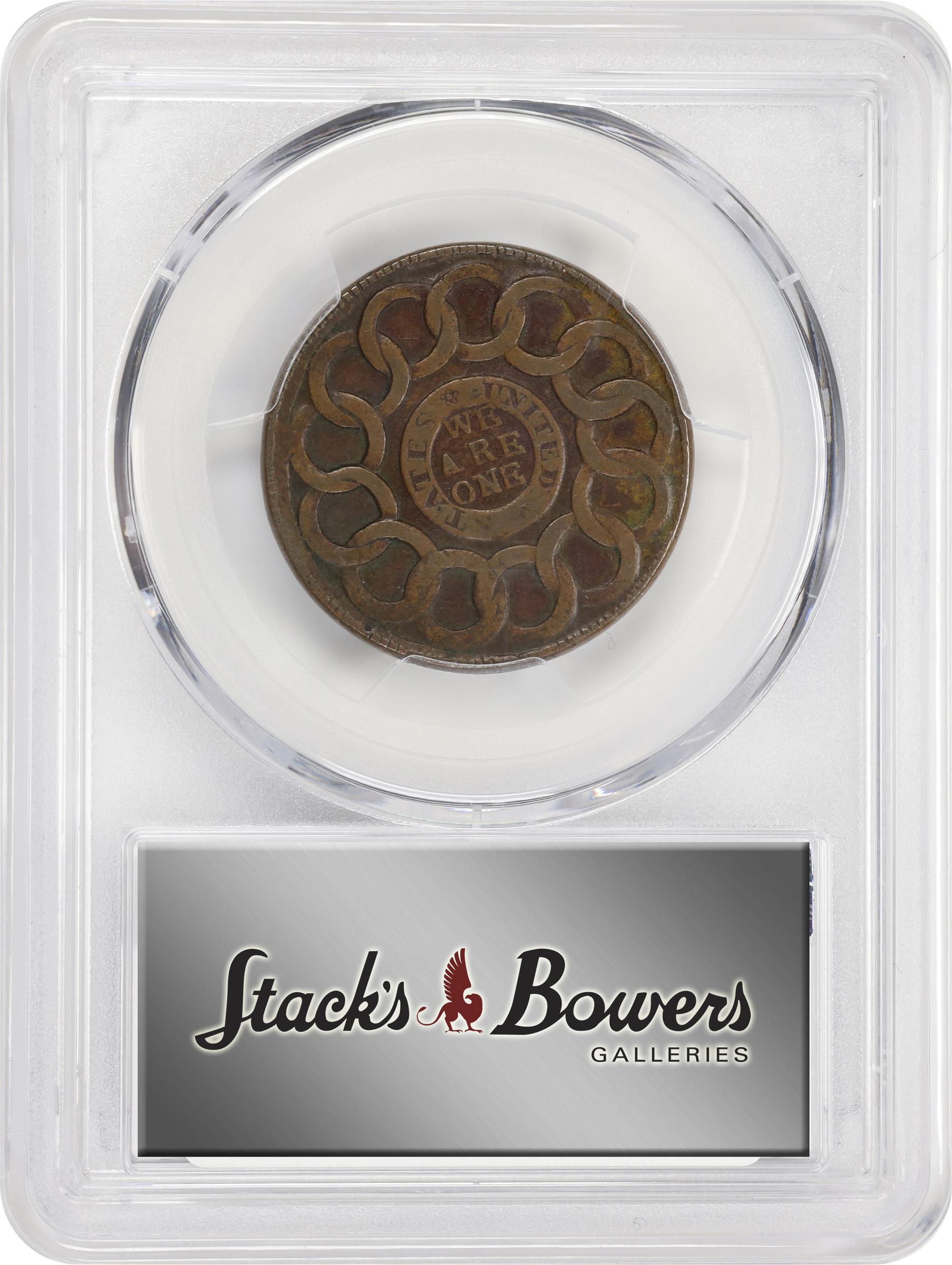 image for: 1787 Fugio Cent. Pointed Rays. Newman 12-S, W-6805. Rarity-5-. STATES UNITED, 4 Cinquefoils. EF-45 (PCGS).