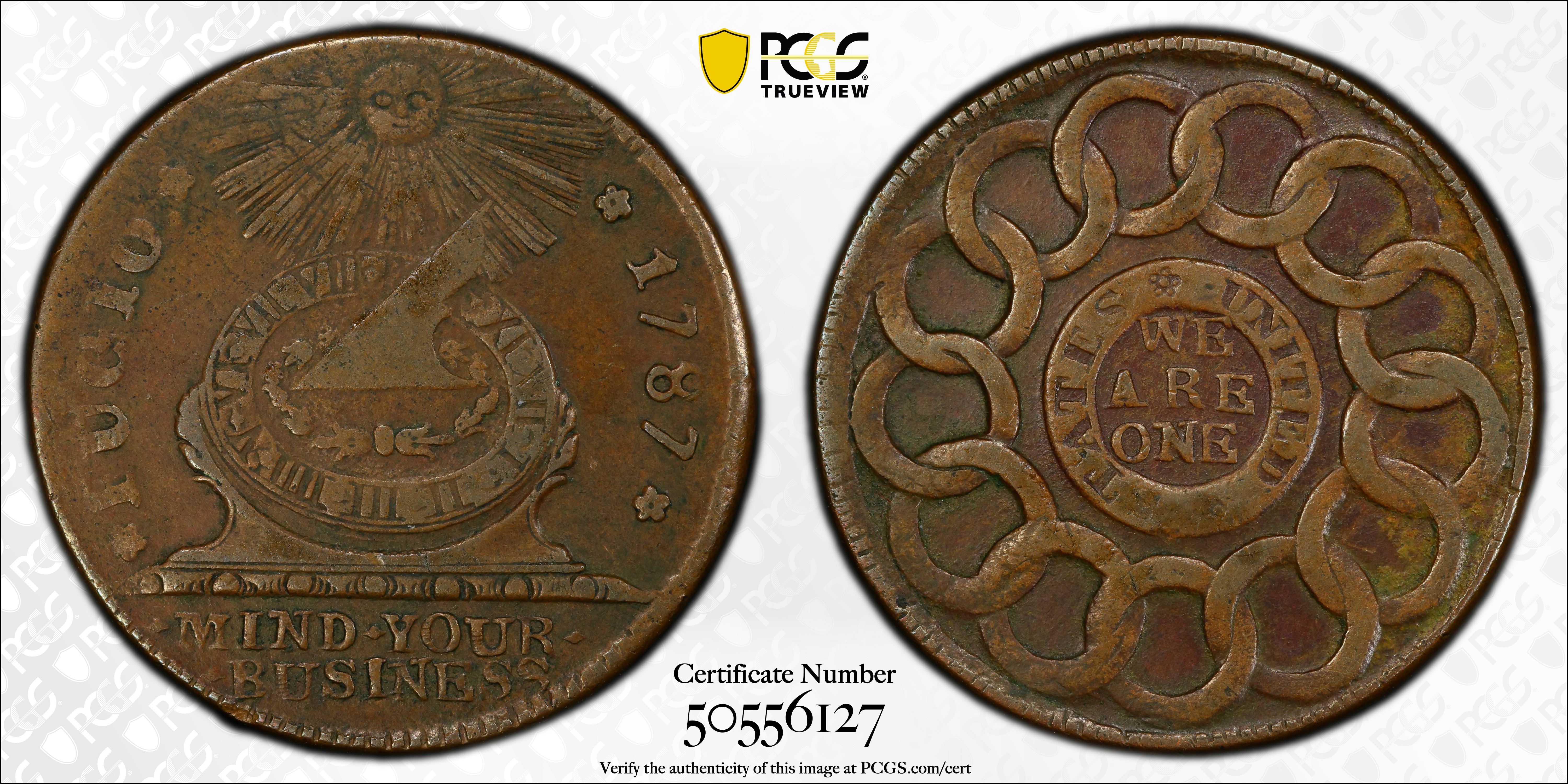 image for: 1787 Fugio Cent. Pointed Rays. Newman 12-S, W-6805. Rarity-5-. STATES UNITED, 4 Cinquefoils. EF-45 (PCGS).
