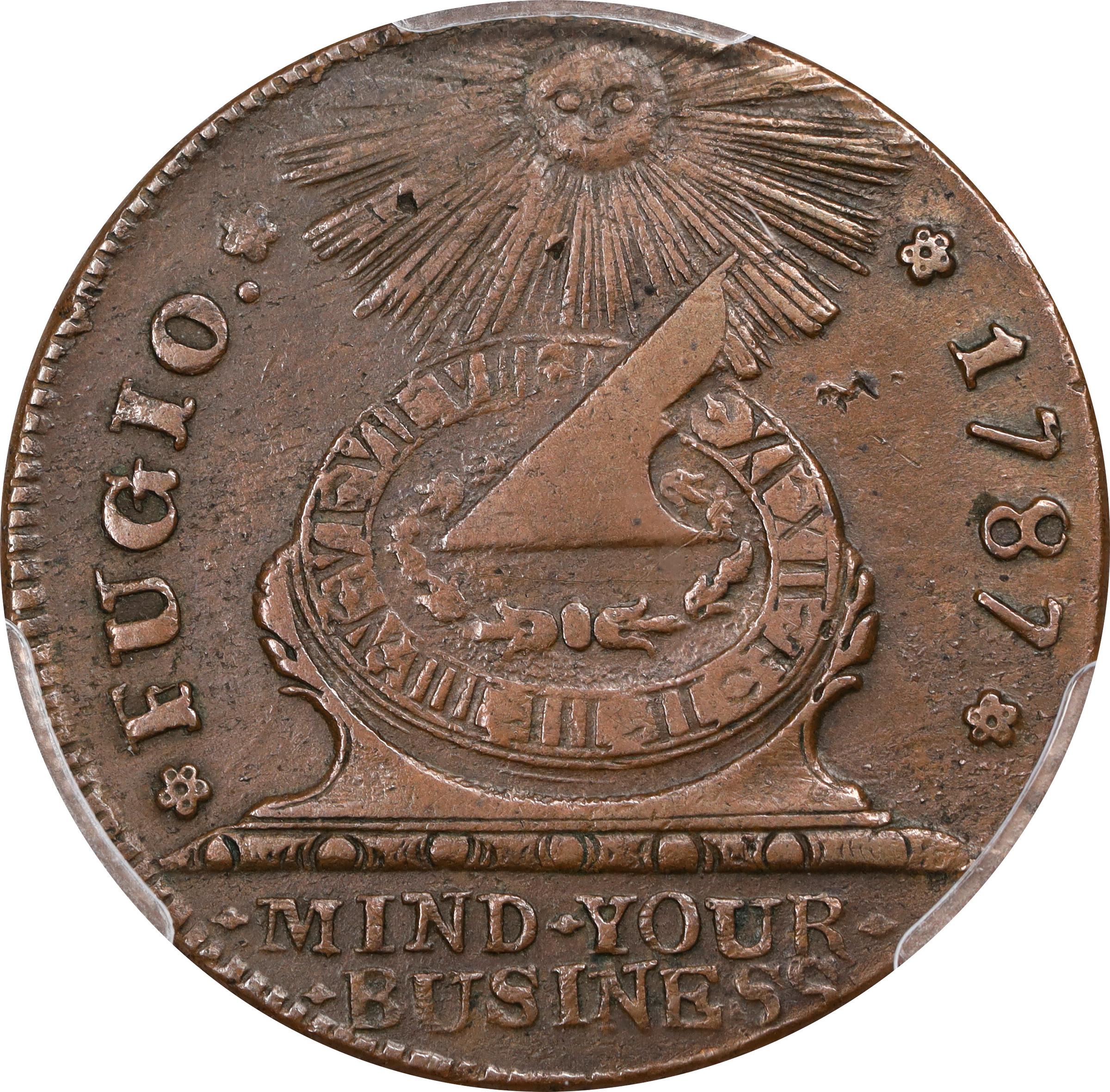 image for: 1787 Fugio Cent. Pointed Rays. Newman 12-U, W-6810. Rarity-4. STATES UNITED, 4 Cinquefoils. AU-50 (PCGS).