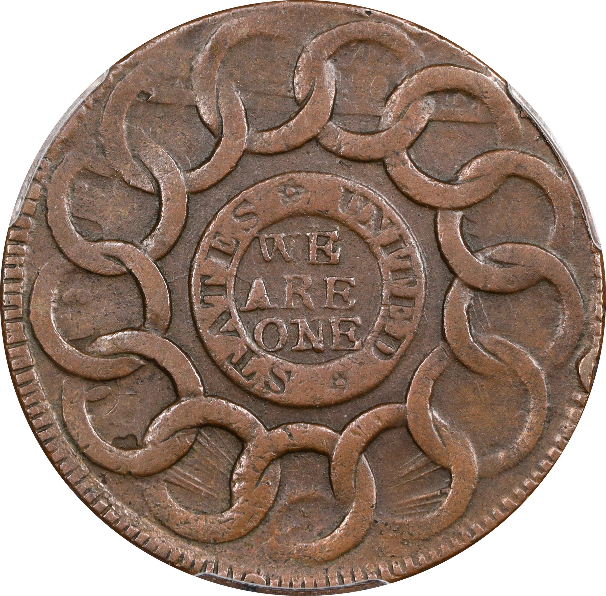 image for: 1787 Fugio Cent. Pointed Rays. Newman 12-U, W-6810. Rarity-4. STATES UNITED, 4 Cinquefoils. AU-50 (PCGS).