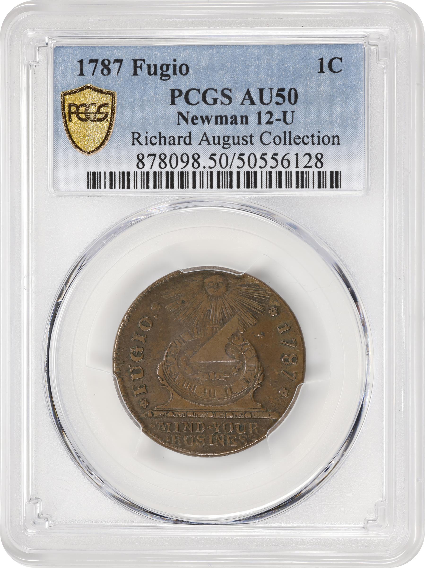 image for: 1787 Fugio Cent. Pointed Rays. Newman 12-U, W-6810. Rarity-4. STATES UNITED, 4 Cinquefoils. AU-50 (PCGS).