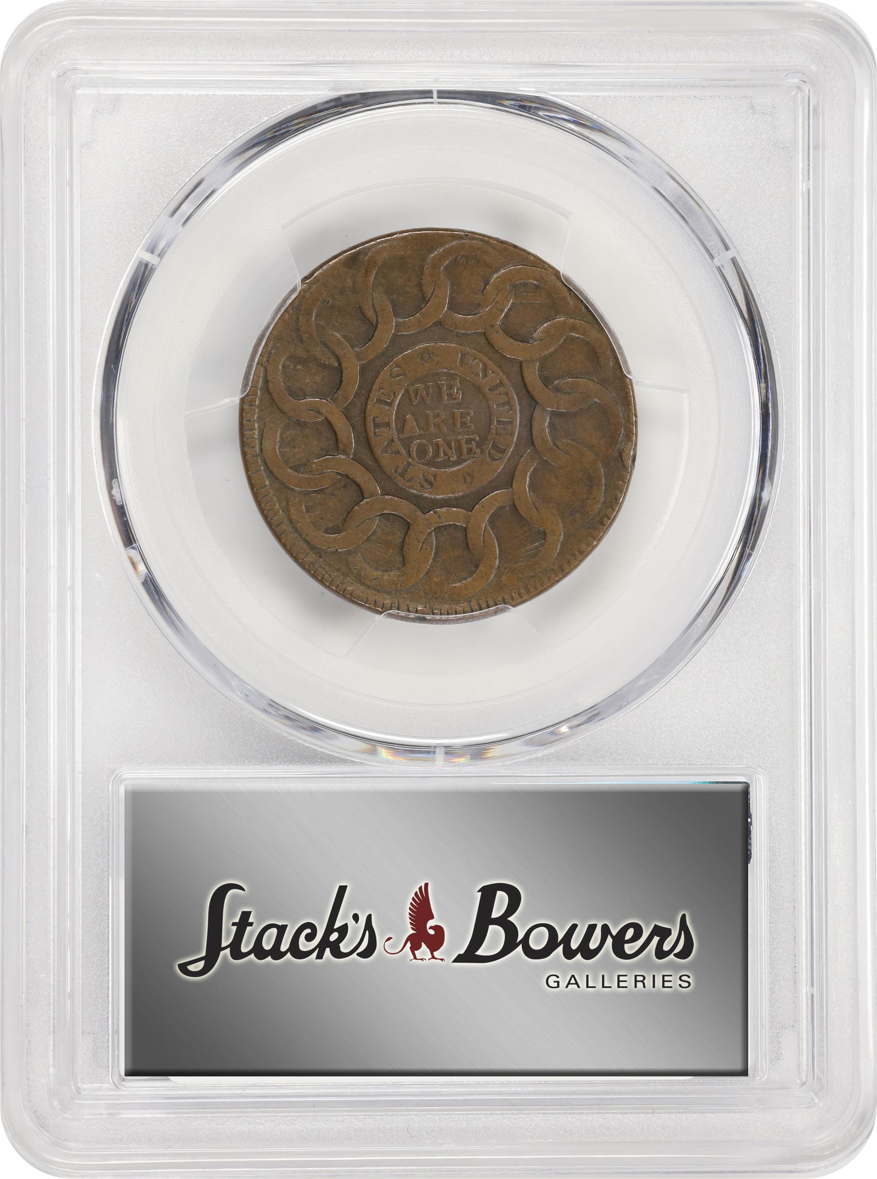 image for: 1787 Fugio Cent. Pointed Rays. Newman 12-U, W-6810. Rarity-4. STATES UNITED, 4 Cinquefoils. AU-50 (PCGS).