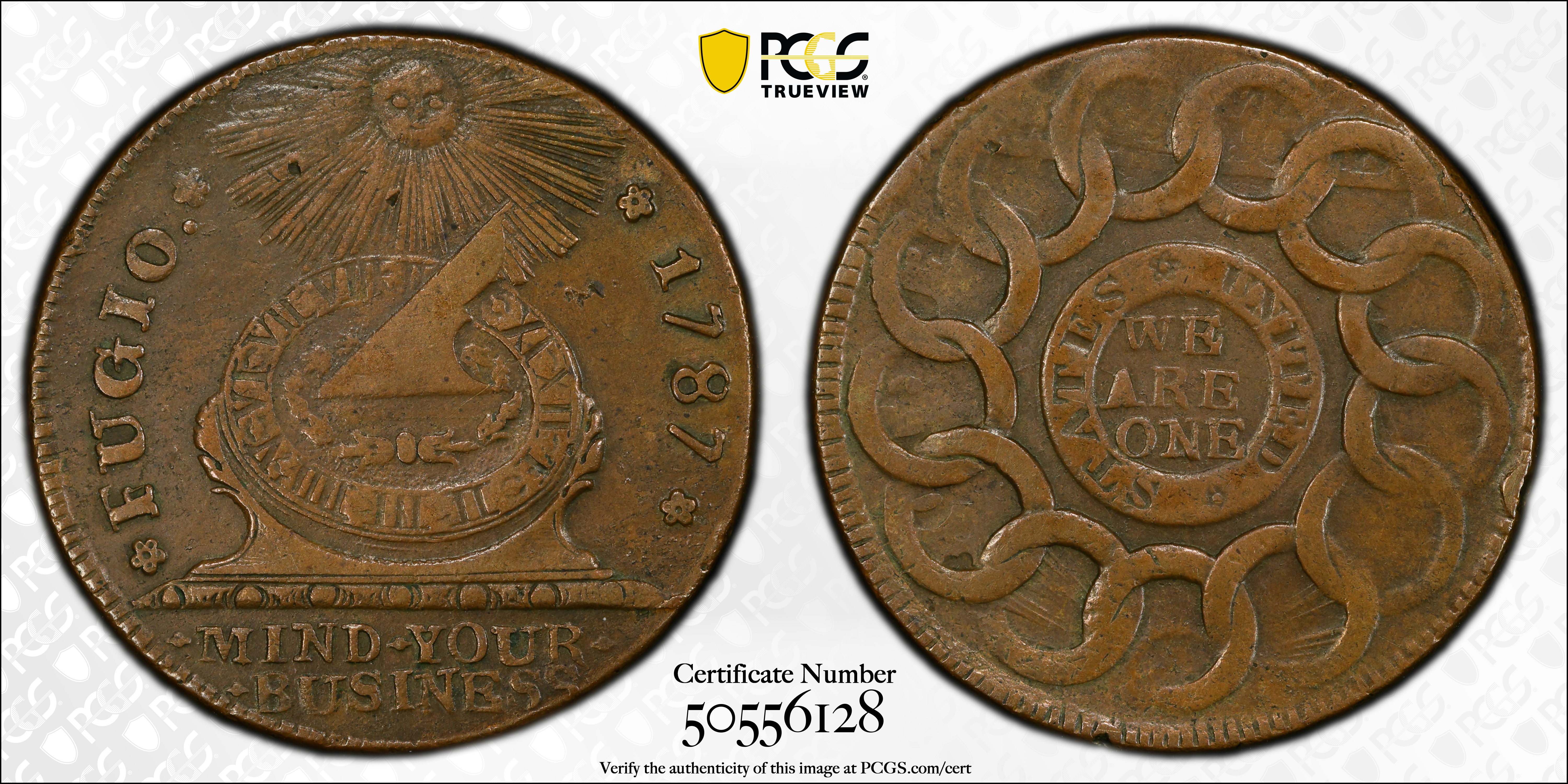 image for: 1787 Fugio Cent. Pointed Rays. Newman 12-U, W-6810. Rarity-4. STATES UNITED, 4 Cinquefoils. AU-50 (PCGS).