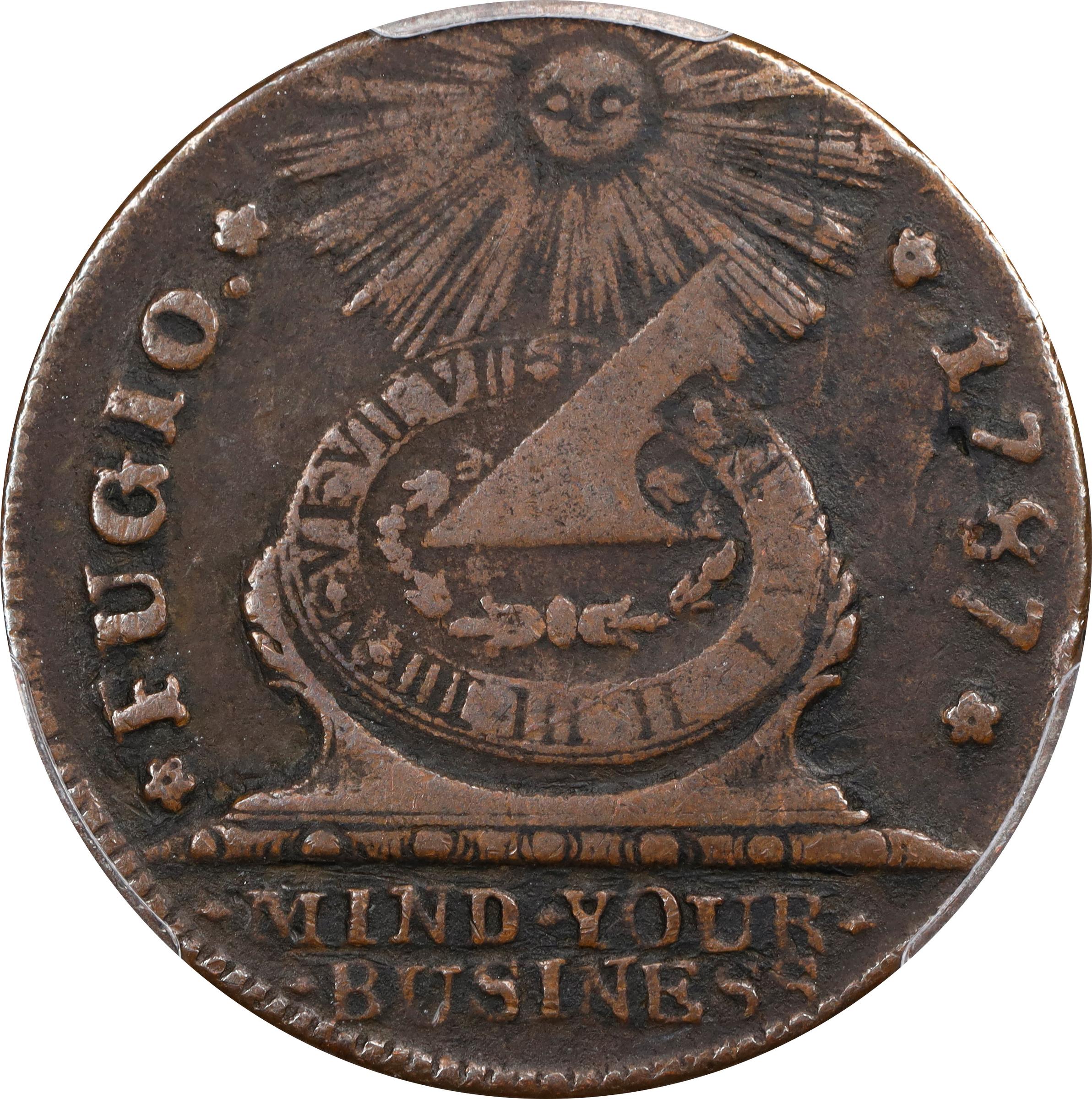 image for: 1787 Fugio Cent. Pointed Rays. Newman 12-U, W-6810. Rarity-4. STATES UNITED, 4 Cinquefoils. VF-25 (PCGS).