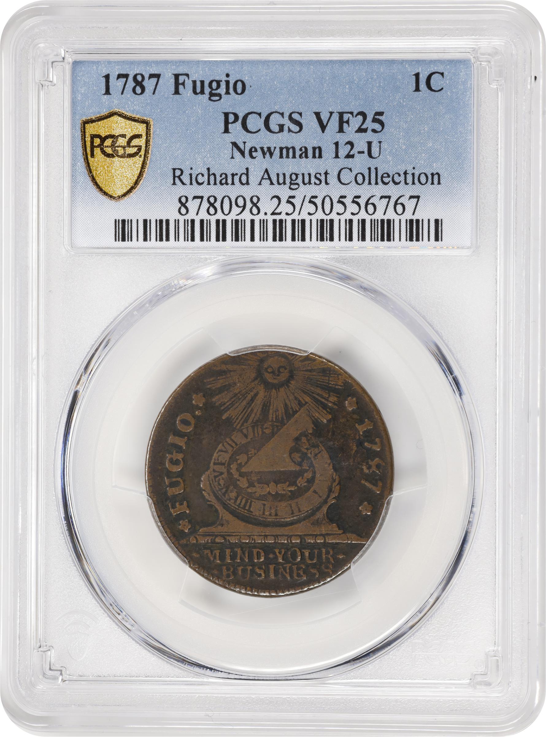 image for: 1787 Fugio Cent. Pointed Rays. Newman 12-U, W-6810. Rarity-4. STATES UNITED, 4 Cinquefoils. VF-25 (PCGS).