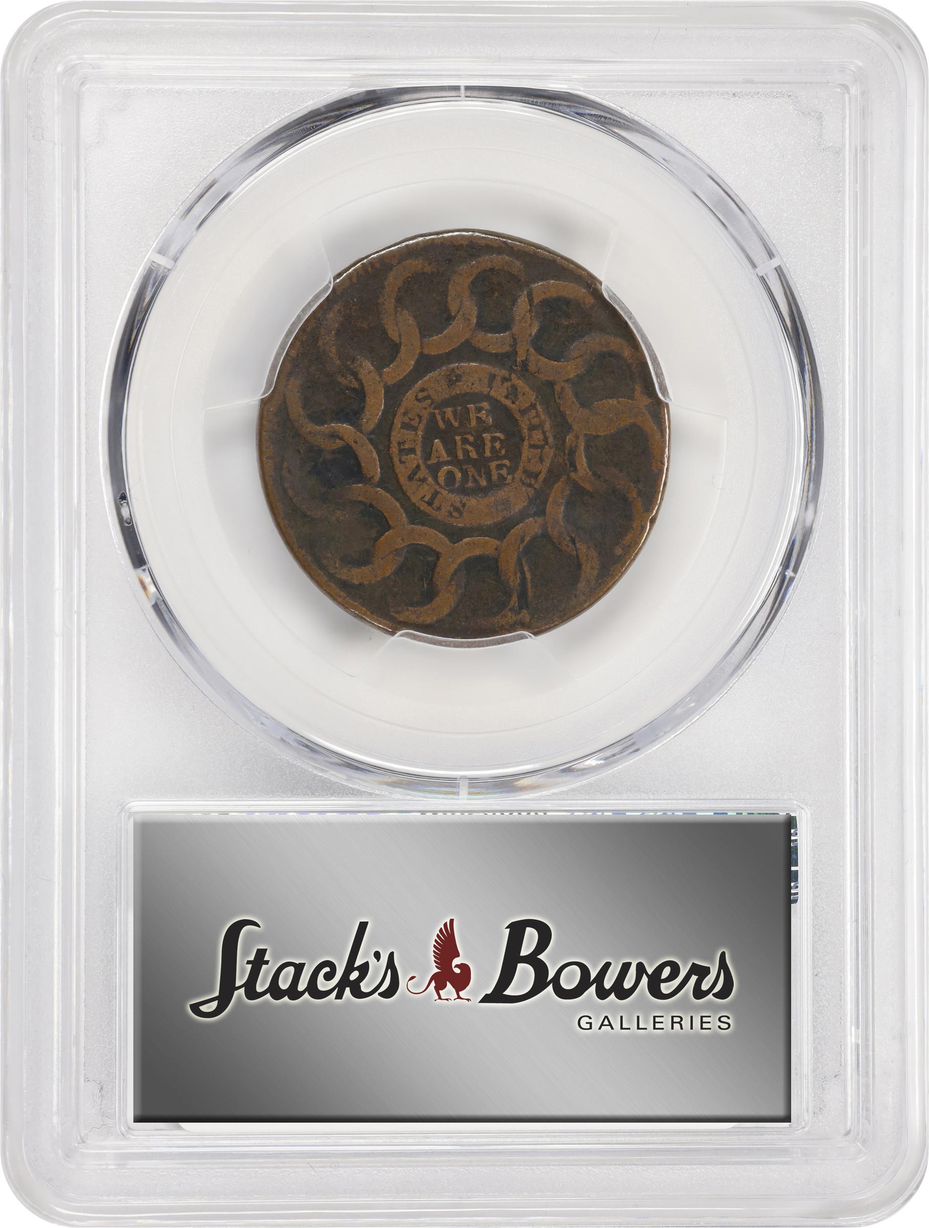 image for: 1787 Fugio Cent. Pointed Rays. Newman 12-U, W-6810. Rarity-4. STATES UNITED, 4 Cinquefoils. VF-25 (PCGS).