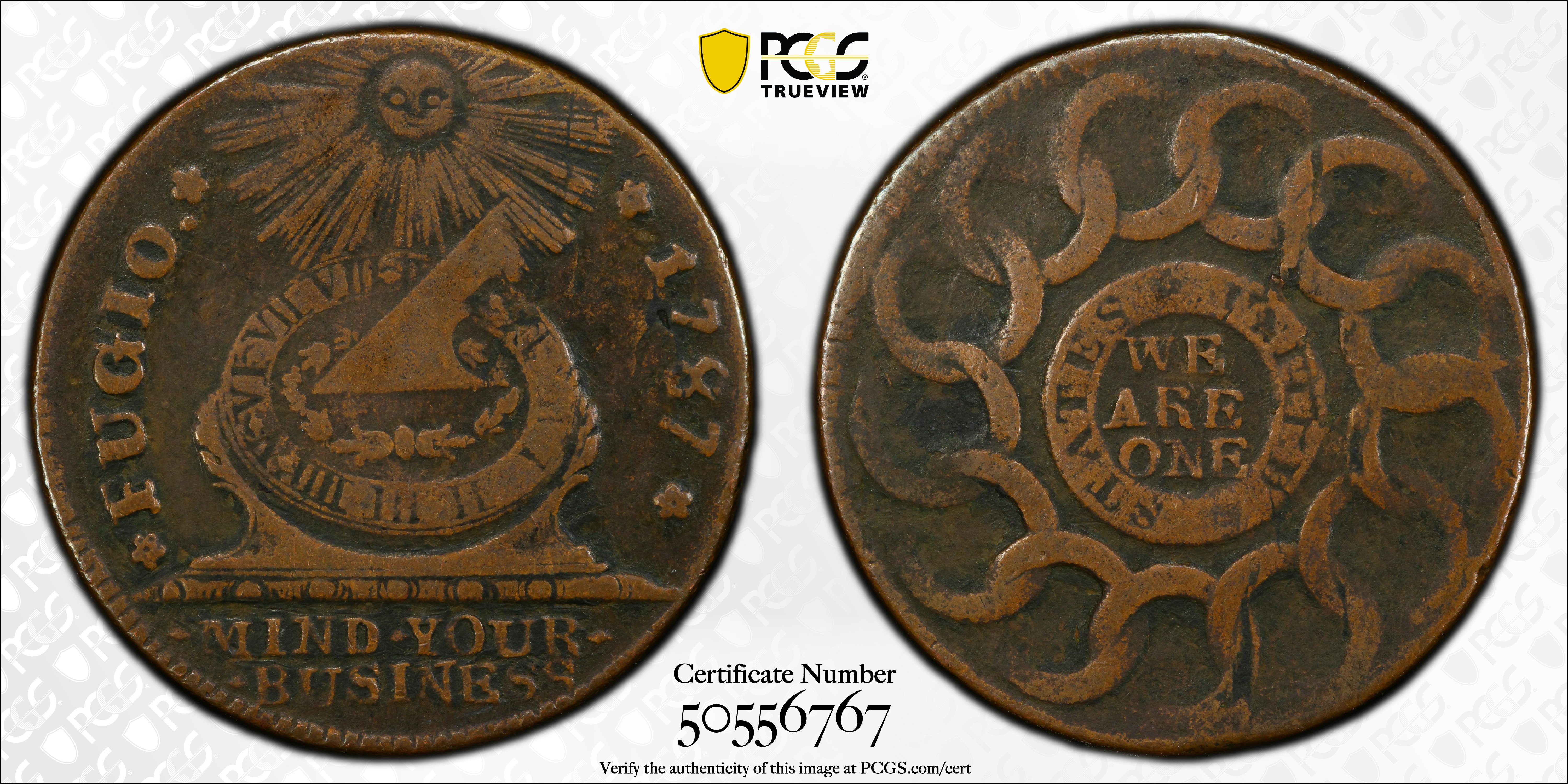 image for: 1787 Fugio Cent. Pointed Rays. Newman 12-U, W-6810. Rarity-4. STATES UNITED, 4 Cinquefoils. VF-25 (PCGS).