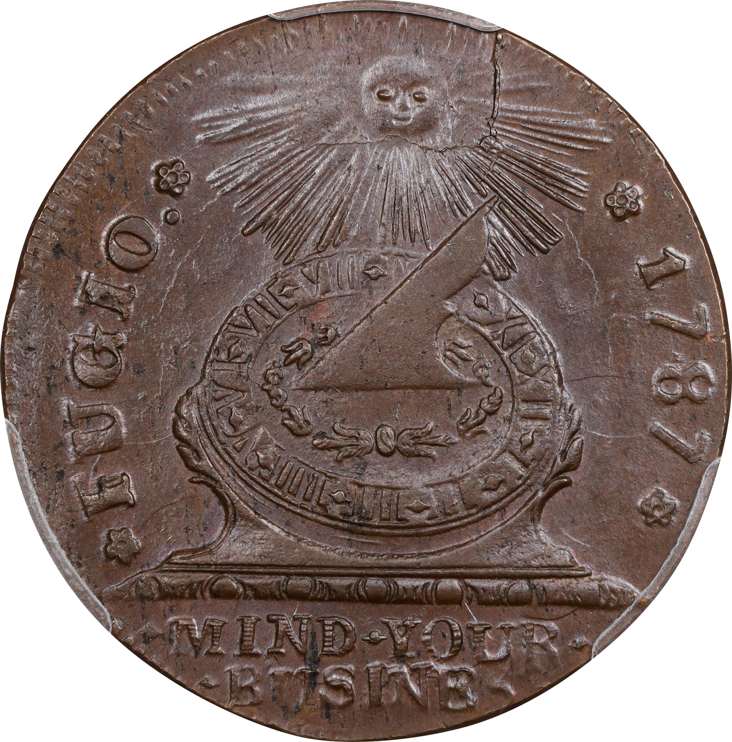 image for: 1787 Fugio Cent. Pointed Rays. Newman 12-X, W-6820. Rarity-2. STATES UNITED, 4 Cinquefoils. MS-64+ BN (PCGS).