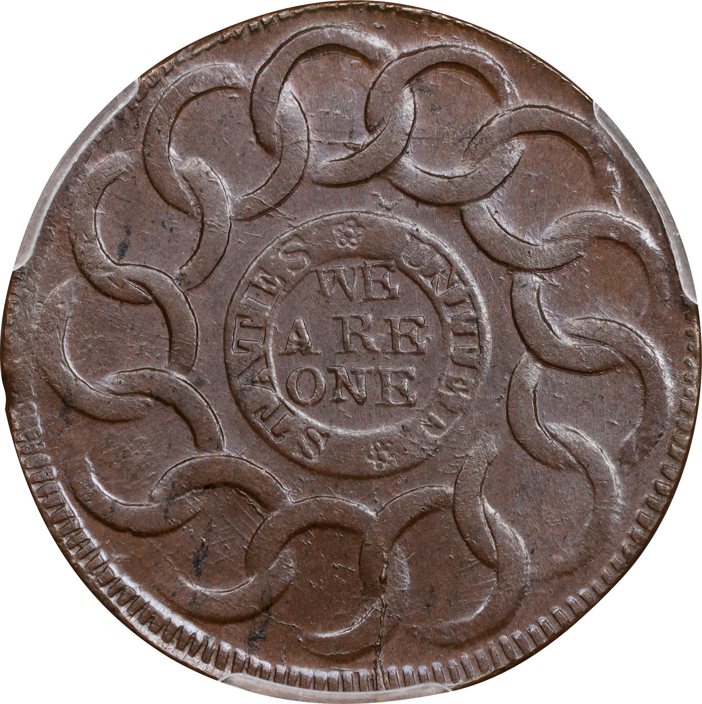 image for: 1787 Fugio Cent. Pointed Rays. Newman 12-X, W-6820. Rarity-2. STATES UNITED, 4 Cinquefoils. MS-64+ BN (PCGS).