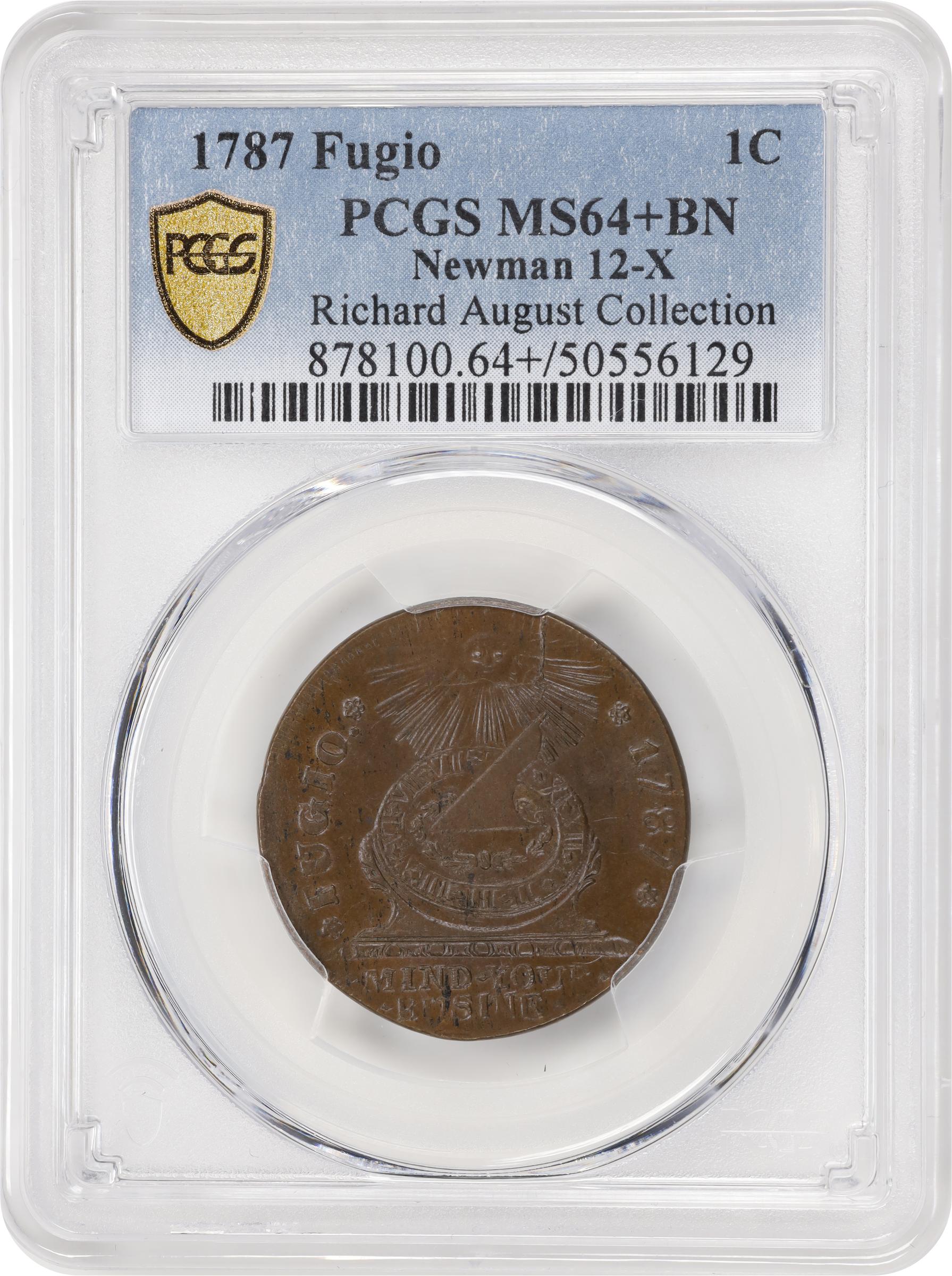 image for: 1787 Fugio Cent. Pointed Rays. Newman 12-X, W-6820. Rarity-2. STATES UNITED, 4 Cinquefoils. MS-64+ BN (PCGS).