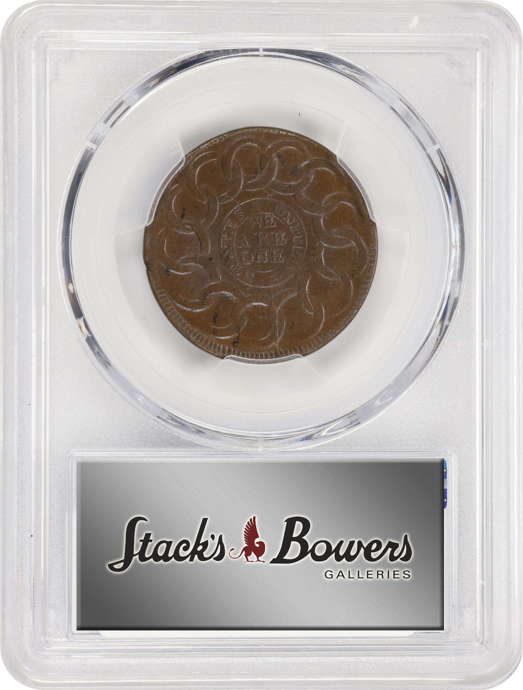 image for: 1787 Fugio Cent. Pointed Rays. Newman 12-X, W-6820. Rarity-2. STATES UNITED, 4 Cinquefoils. MS-64+ BN (PCGS).