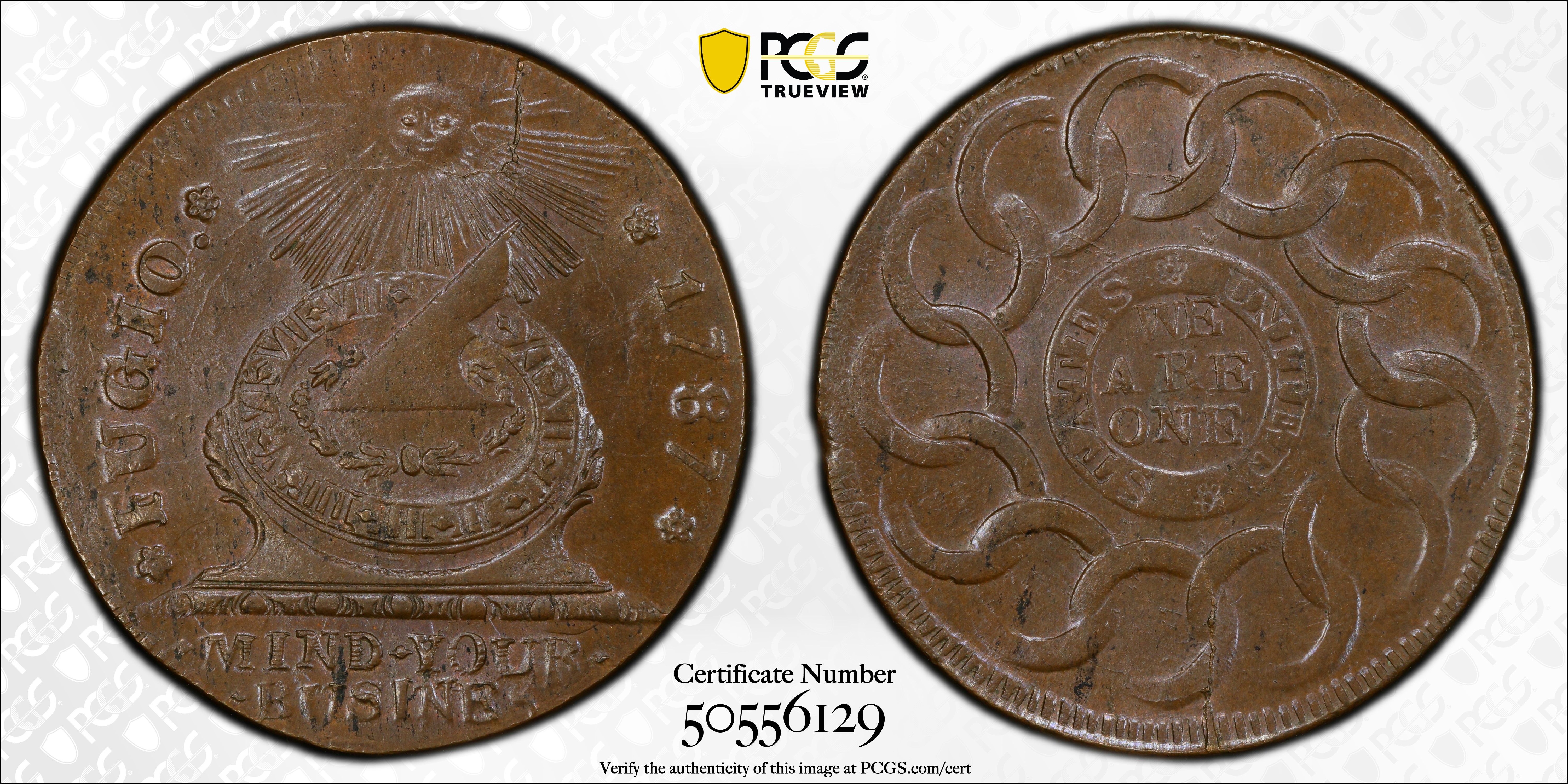 image for: 1787 Fugio Cent. Pointed Rays. Newman 12-X, W-6820. Rarity-2. STATES UNITED, 4 Cinquefoils. MS-64+ BN (PCGS).