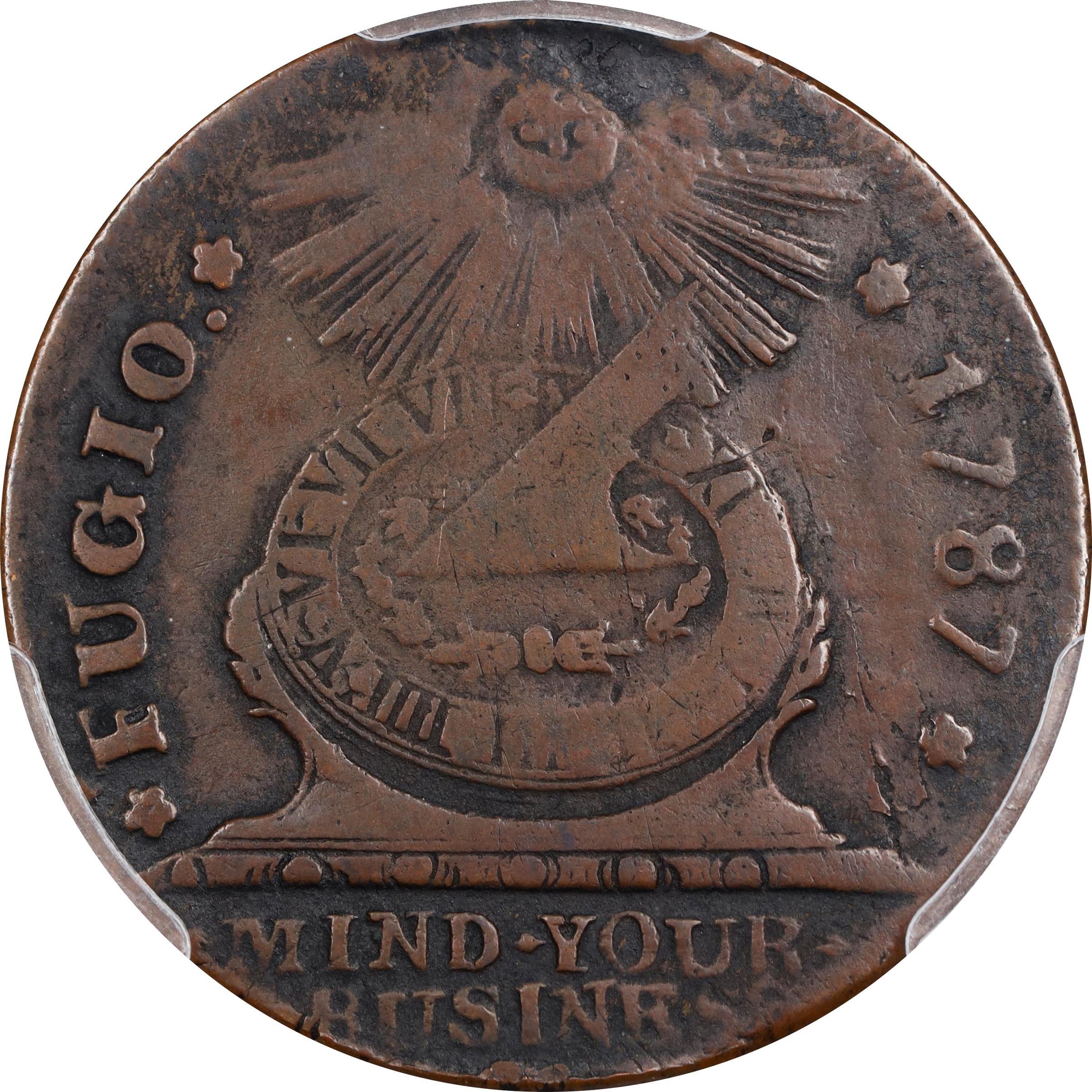 image for: 1787 Fugio Cent. Pointed Rays. Newman 12-Z, W-6830. Rarity-5-. STATES UNITED, Label With Raised Rims. VF-30 (PCGS).