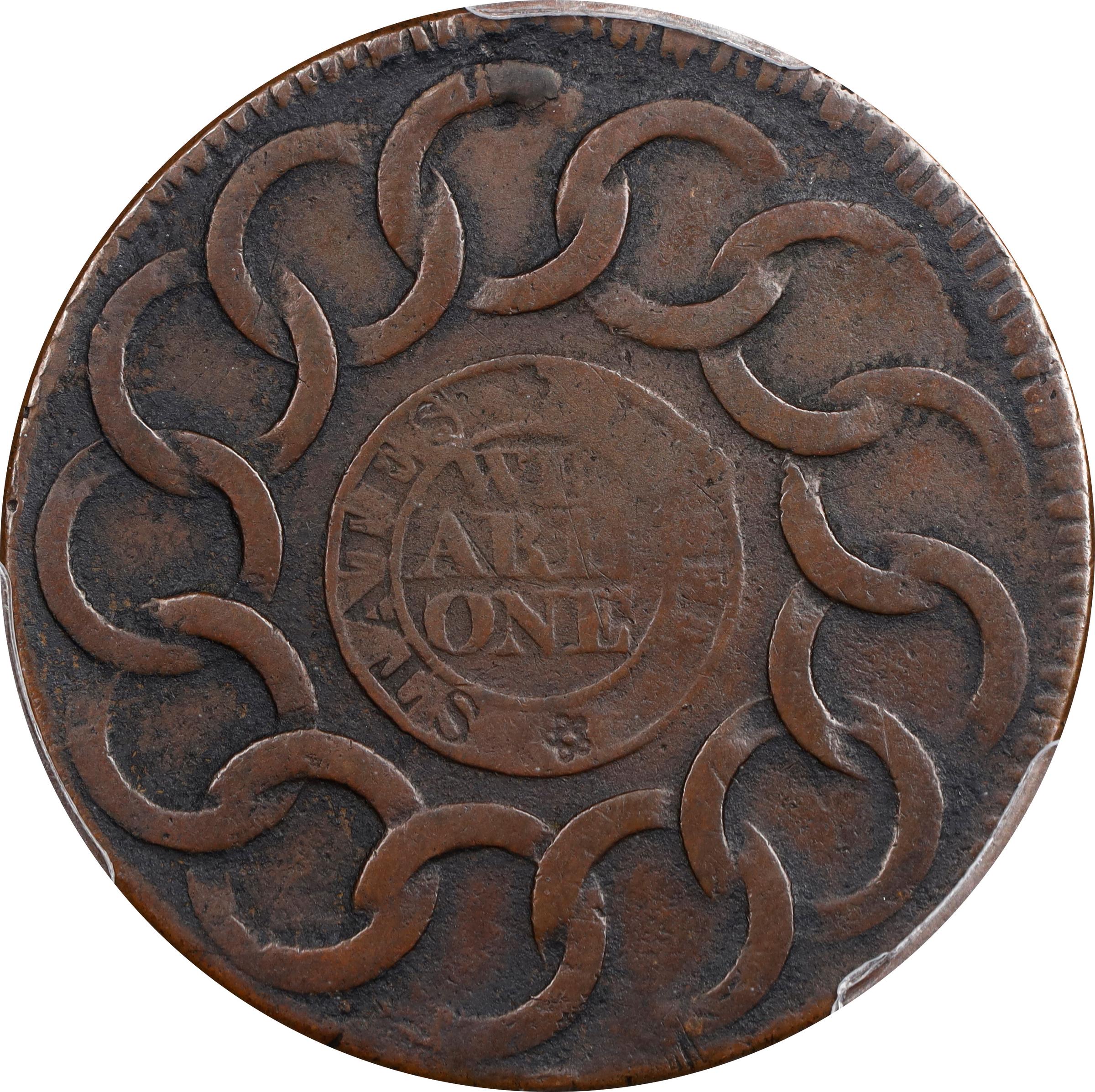 image for: 1787 Fugio Cent. Pointed Rays. Newman 12-Z, W-6830. Rarity-5-. STATES UNITED, Label With Raised Rims. VF-30 (PCGS).