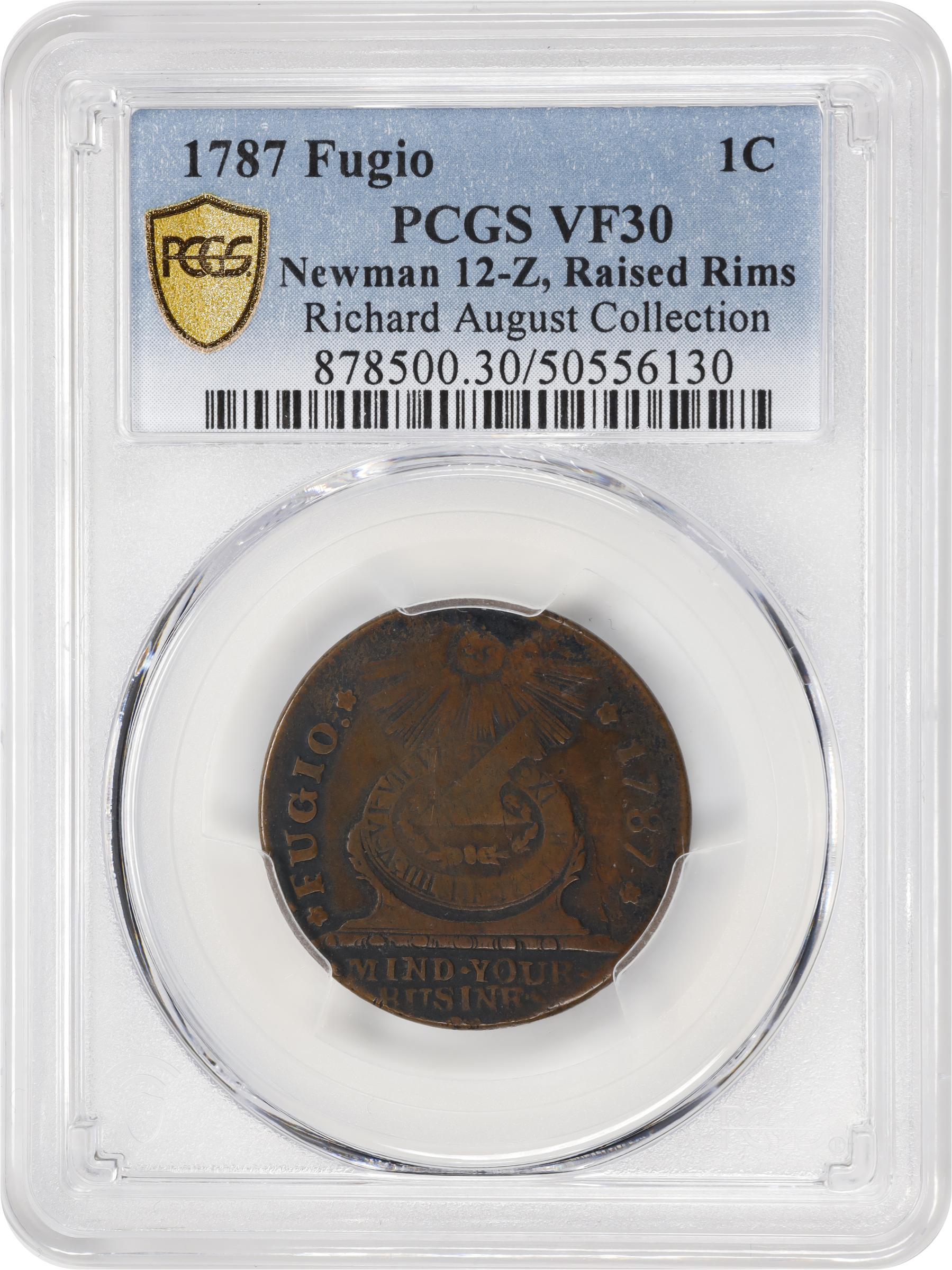 image for: 1787 Fugio Cent. Pointed Rays. Newman 12-Z, W-6830. Rarity-5-. STATES UNITED, Label With Raised Rims. VF-30 (PCGS).
