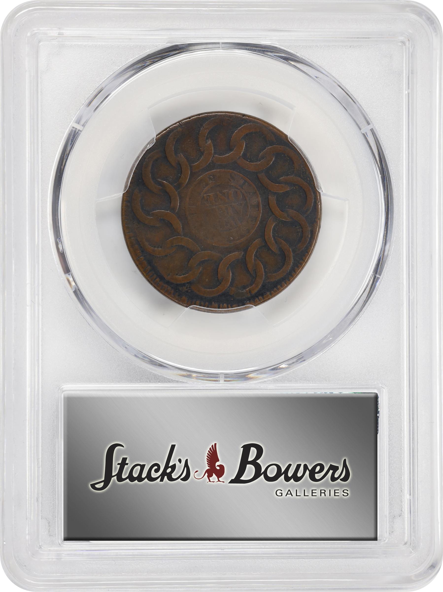 image for: 1787 Fugio Cent. Pointed Rays. Newman 12-Z, W-6830. Rarity-5-. STATES UNITED, Label With Raised Rims. VF-30 (PCGS).