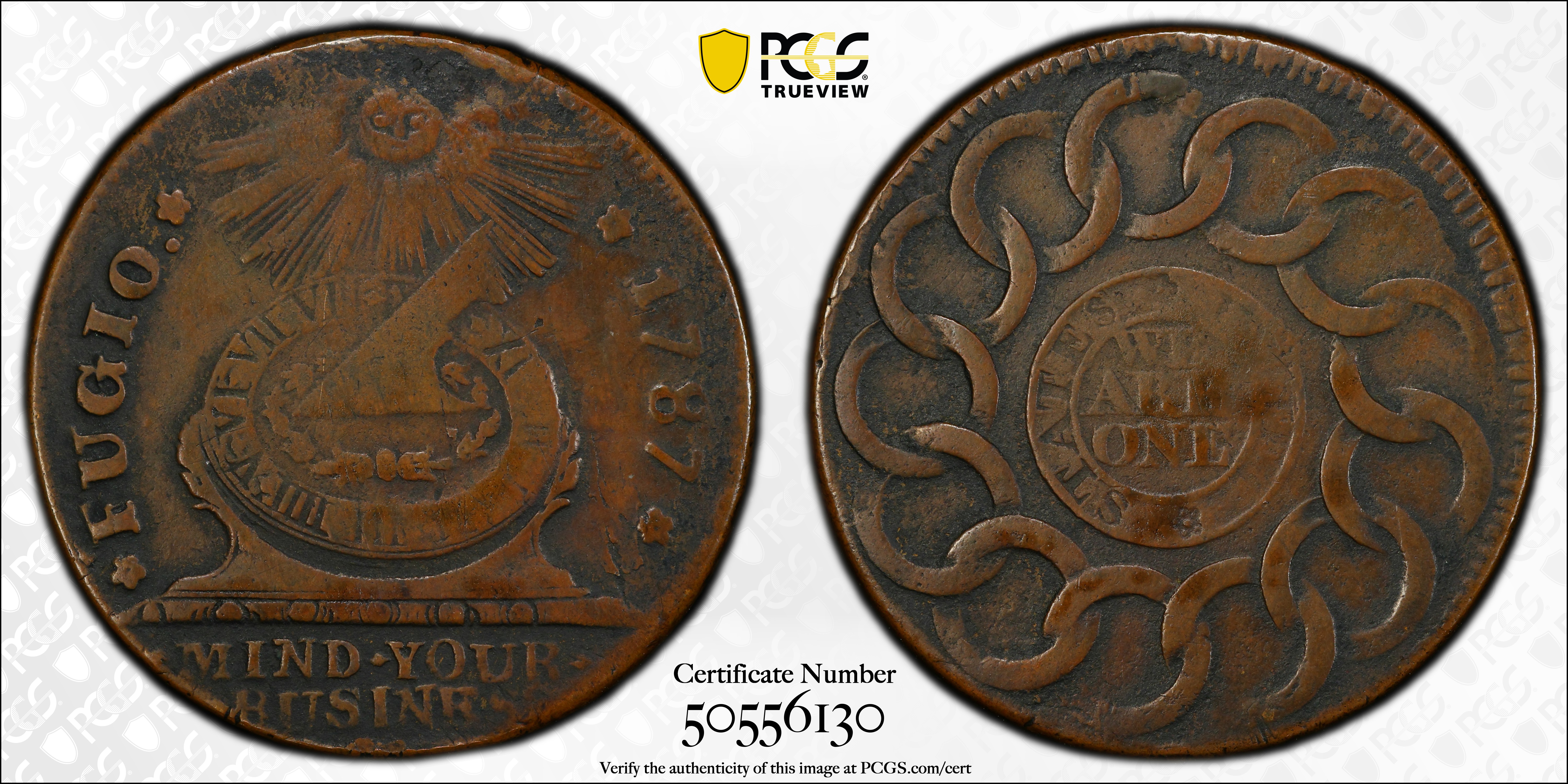 image for: 1787 Fugio Cent. Pointed Rays. Newman 12-Z, W-6830. Rarity-5-. STATES UNITED, Label With Raised Rims. VF-30 (PCGS).