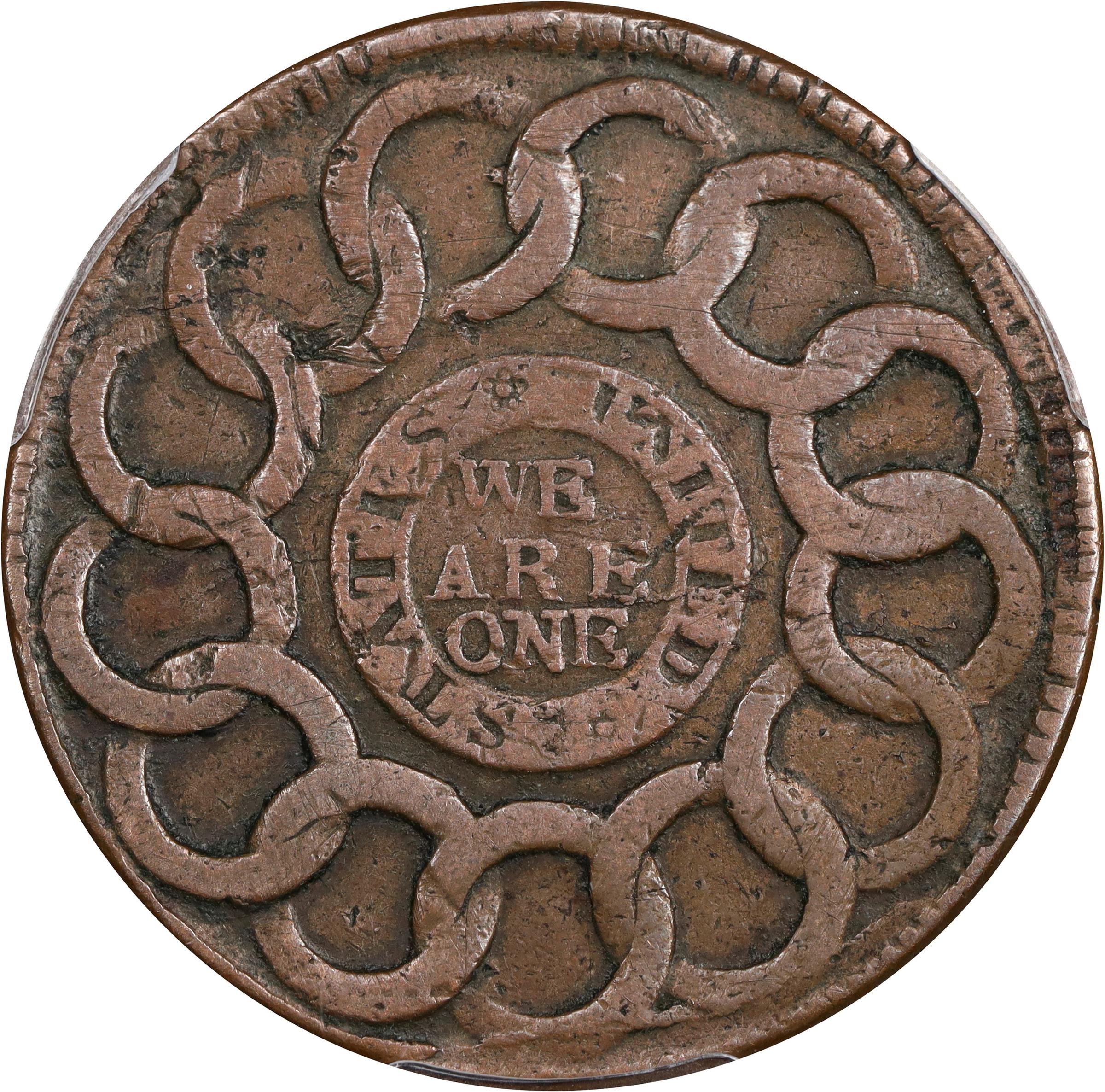 image for: 1787 Fugio Cent. Pointed Rays. Newman 12-KK, W-6835. Rarity-5+. STATES UNITED, 4 Cinquefoils. VF-30 (PCGS).