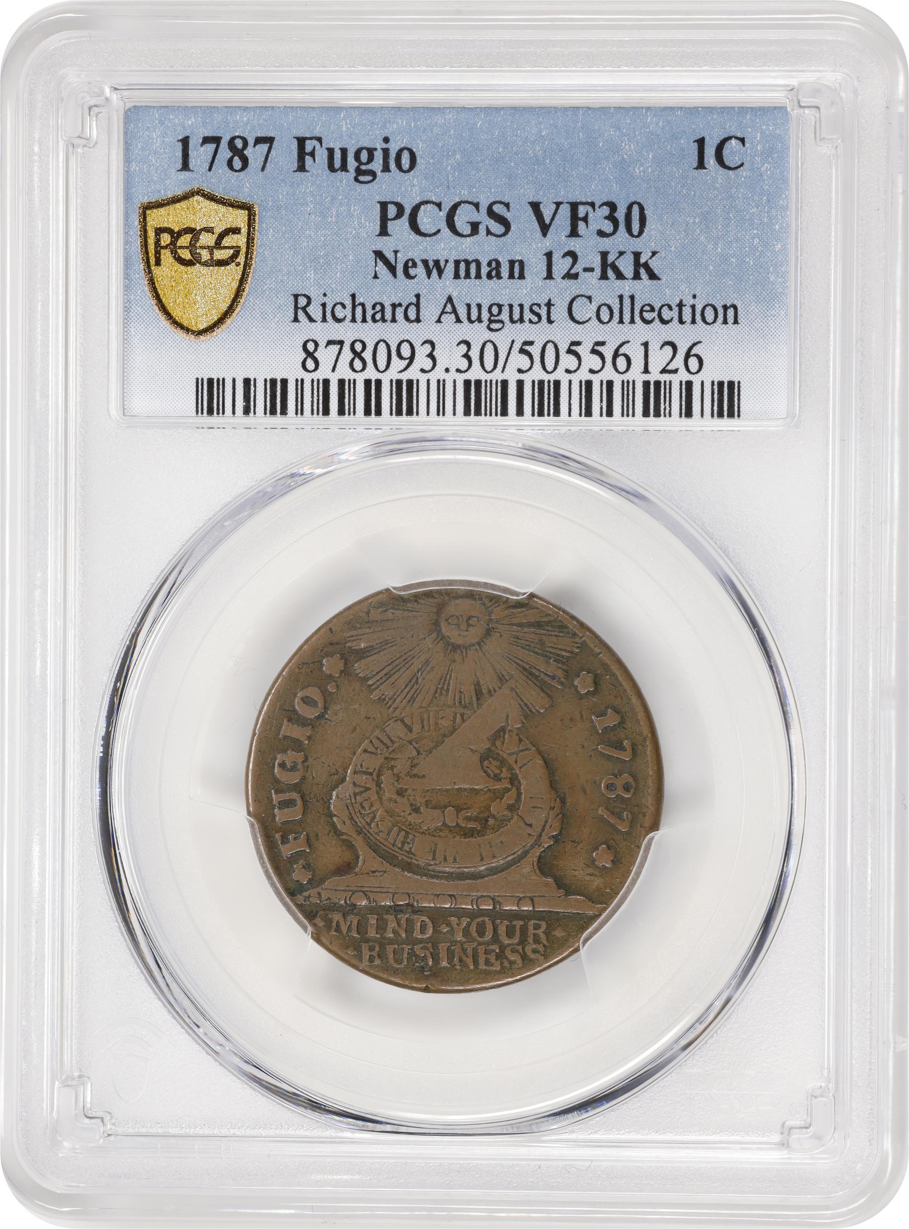 image for: 1787 Fugio Cent. Pointed Rays. Newman 12-KK, W-6835. Rarity-5+. STATES UNITED, 4 Cinquefoils. VF-30 (PCGS).