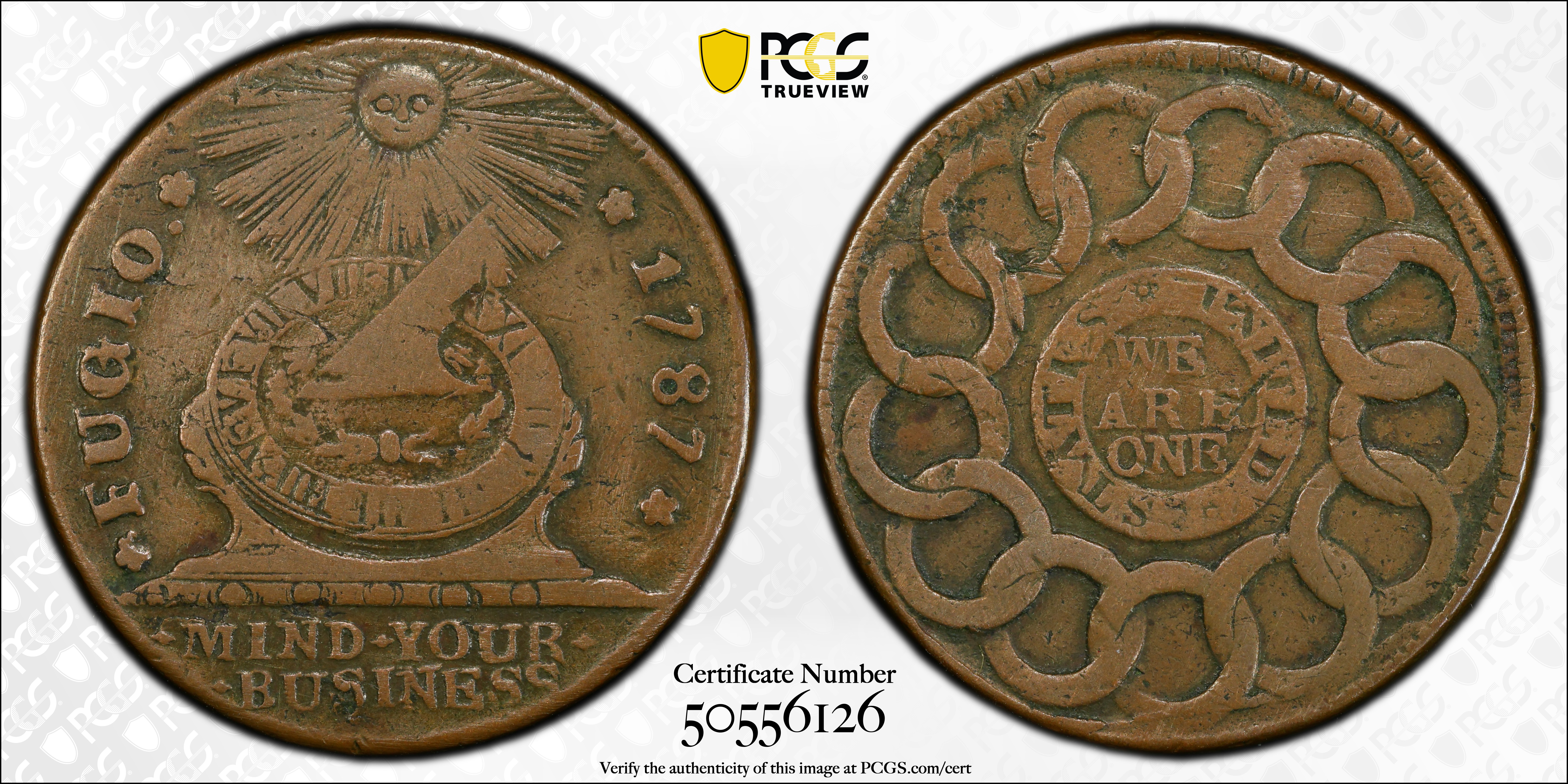 image for: 1787 Fugio Cent. Pointed Rays. Newman 12-KK, W-6835. Rarity-5+. STATES UNITED, 4 Cinquefoils. VF-30 (PCGS).