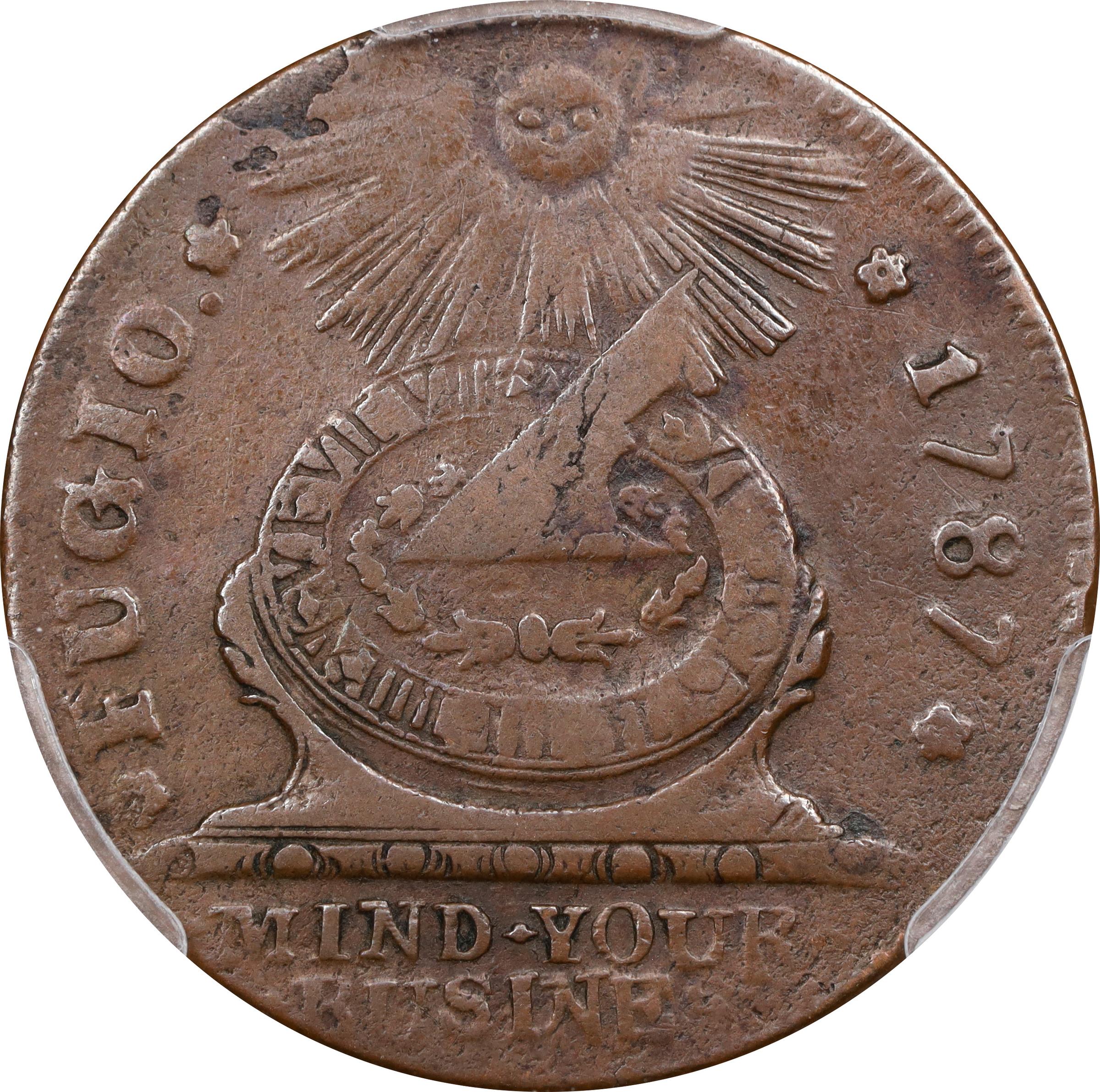 image for: 1787 Fugio Cent. Pointed Rays. Newman 12-LL, W-6840. Rarity-6-. STATES UNITED, 4 Cinquefoils. VF-30 (PCGS).