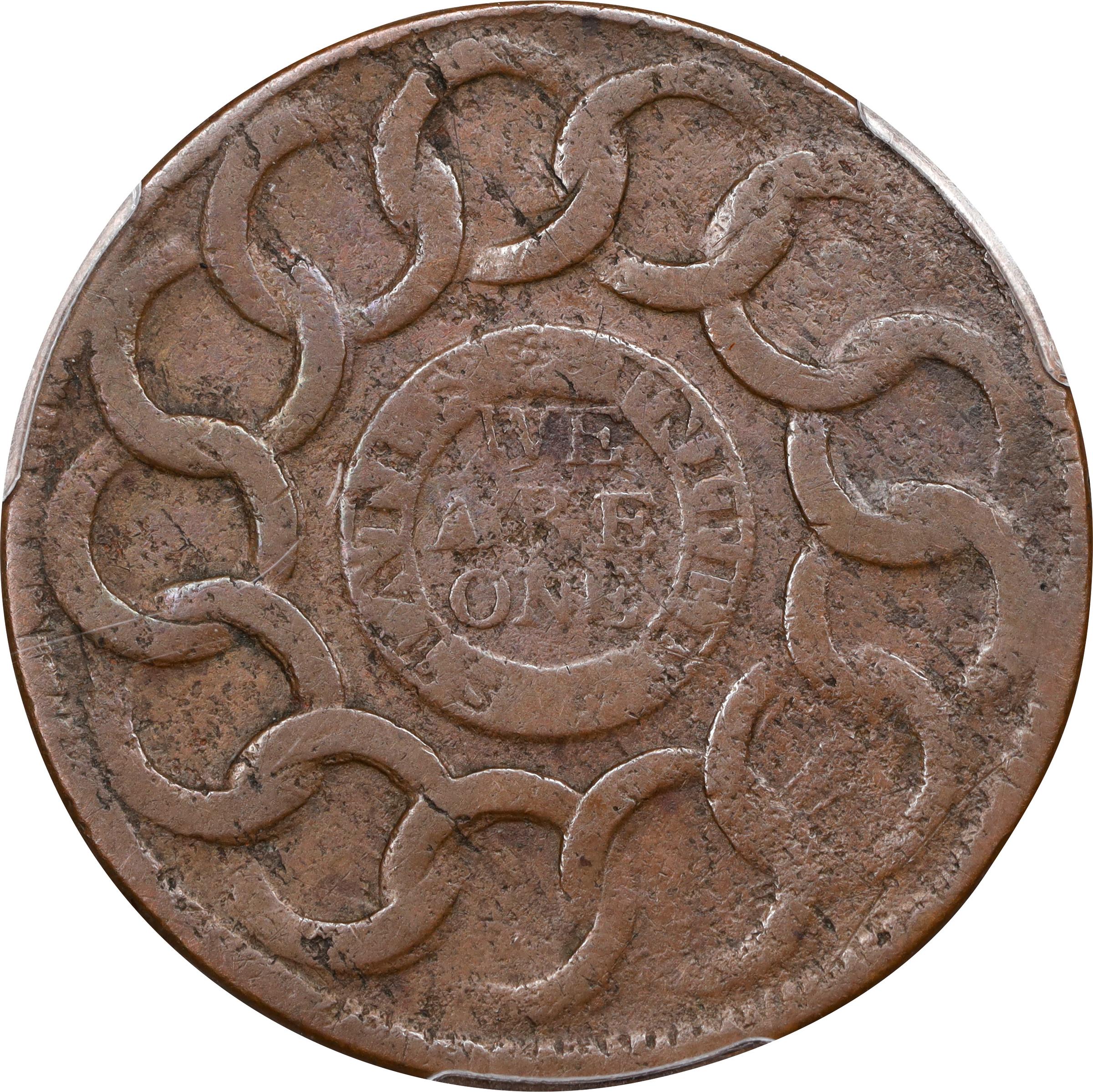 image for: 1787 Fugio Cent. Pointed Rays. Newman 12-LL, W-6840. Rarity-6-. STATES UNITED, 4 Cinquefoils. VF-30 (PCGS).