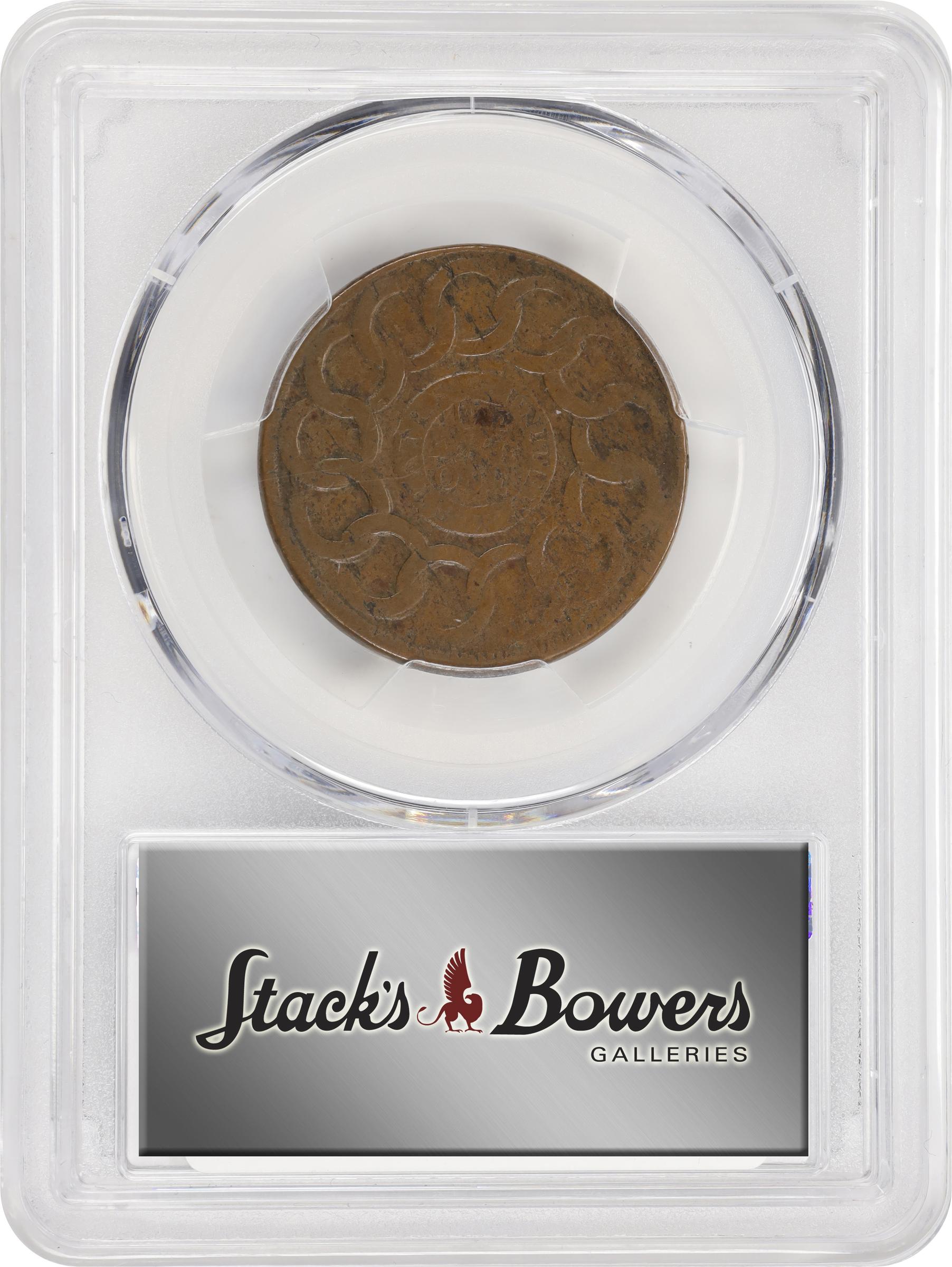 image for: 1787 Fugio Cent. Pointed Rays. Newman 12-LL, W-6840. Rarity-6-. STATES UNITED, 4 Cinquefoils. VF-30 (PCGS).