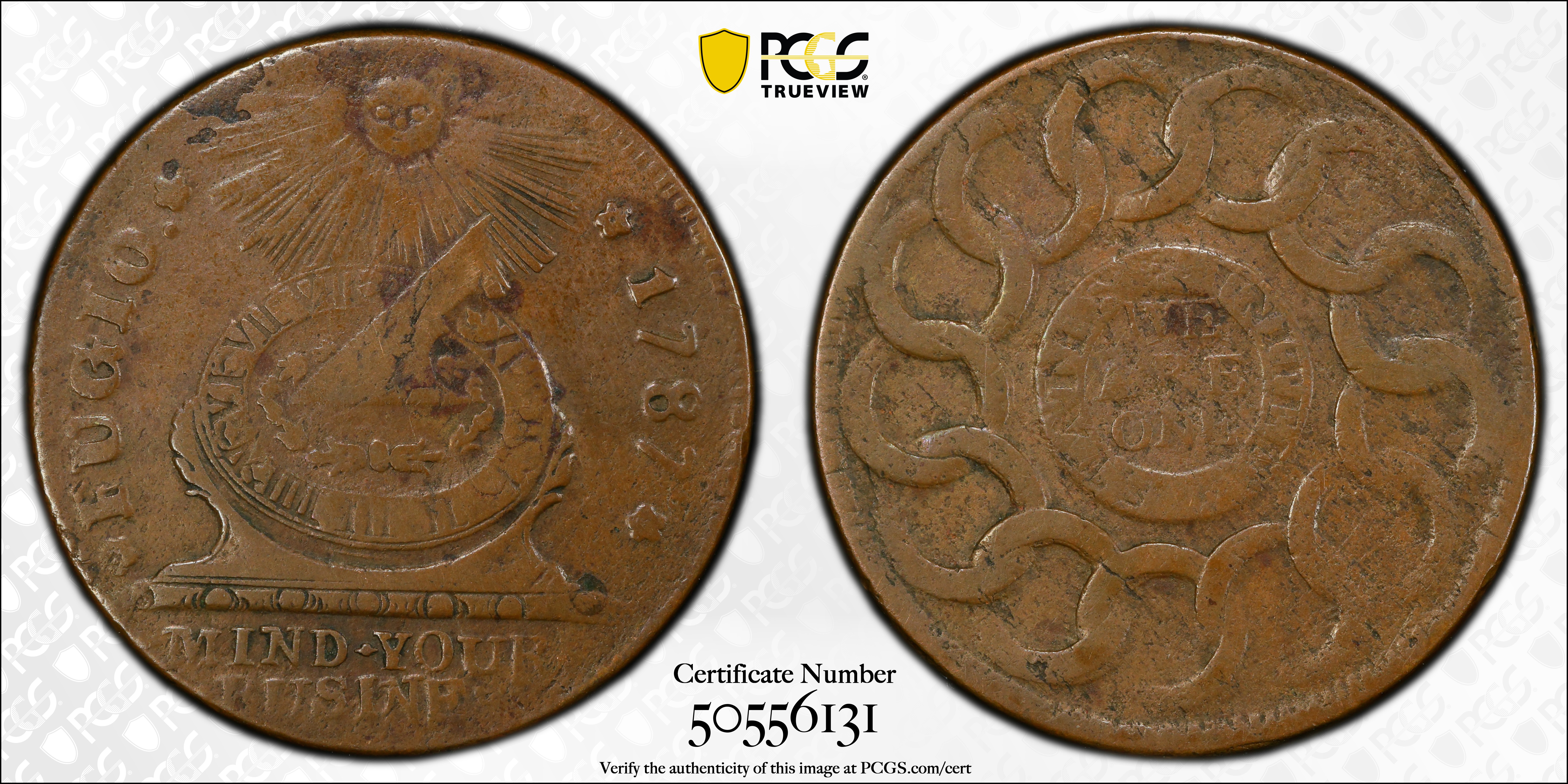 image for: 1787 Fugio Cent. Pointed Rays. Newman 12-LL, W-6840. Rarity-6-. STATES UNITED, 4 Cinquefoils. VF-30 (PCGS).