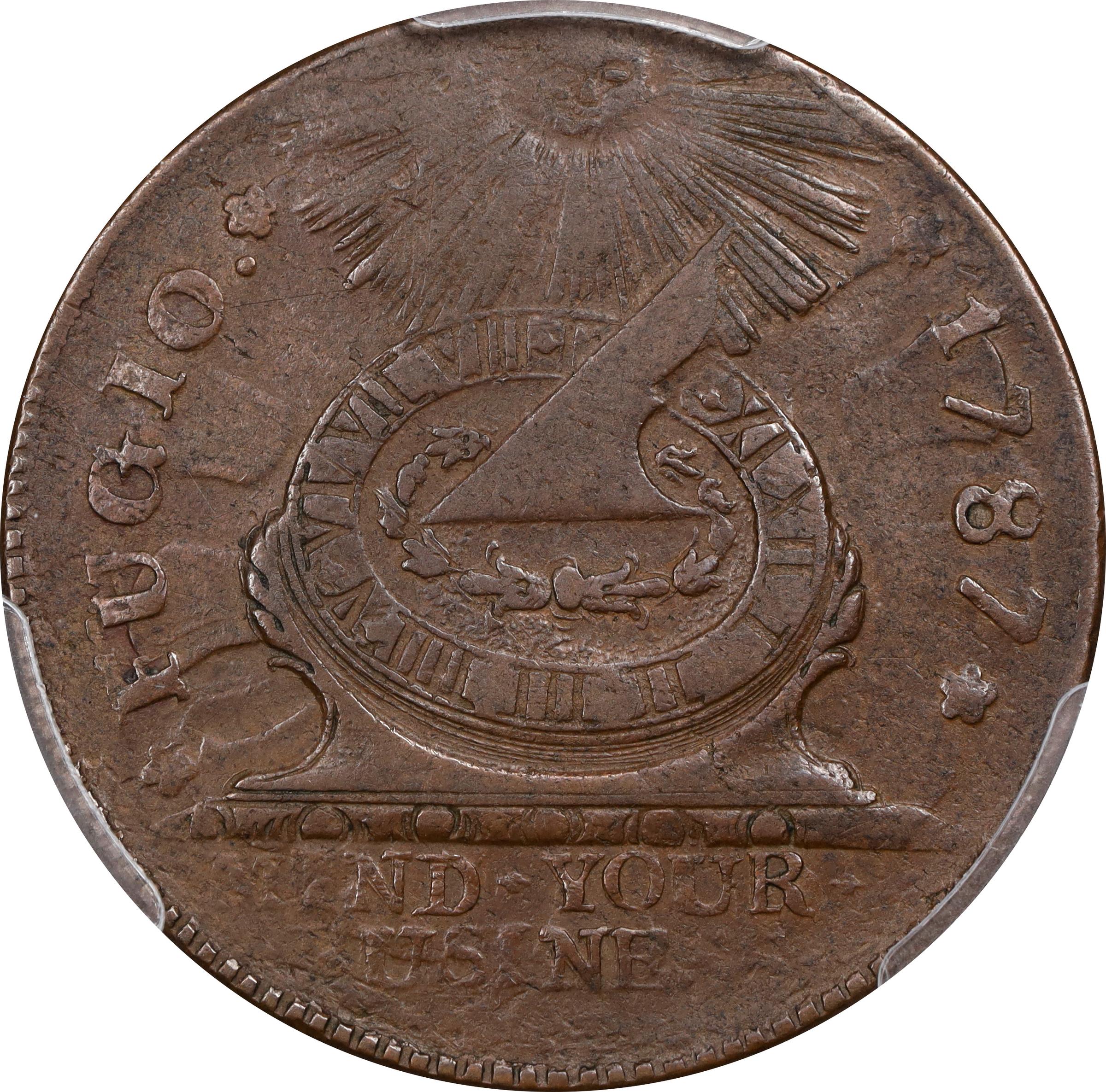 image for: 1787 Fugio Cent. Pointed Rays. Newman 13-N, W-6845. Rarity-5. STATES UNITED, 4 Cinquefoils. AU-50 (PCGS).