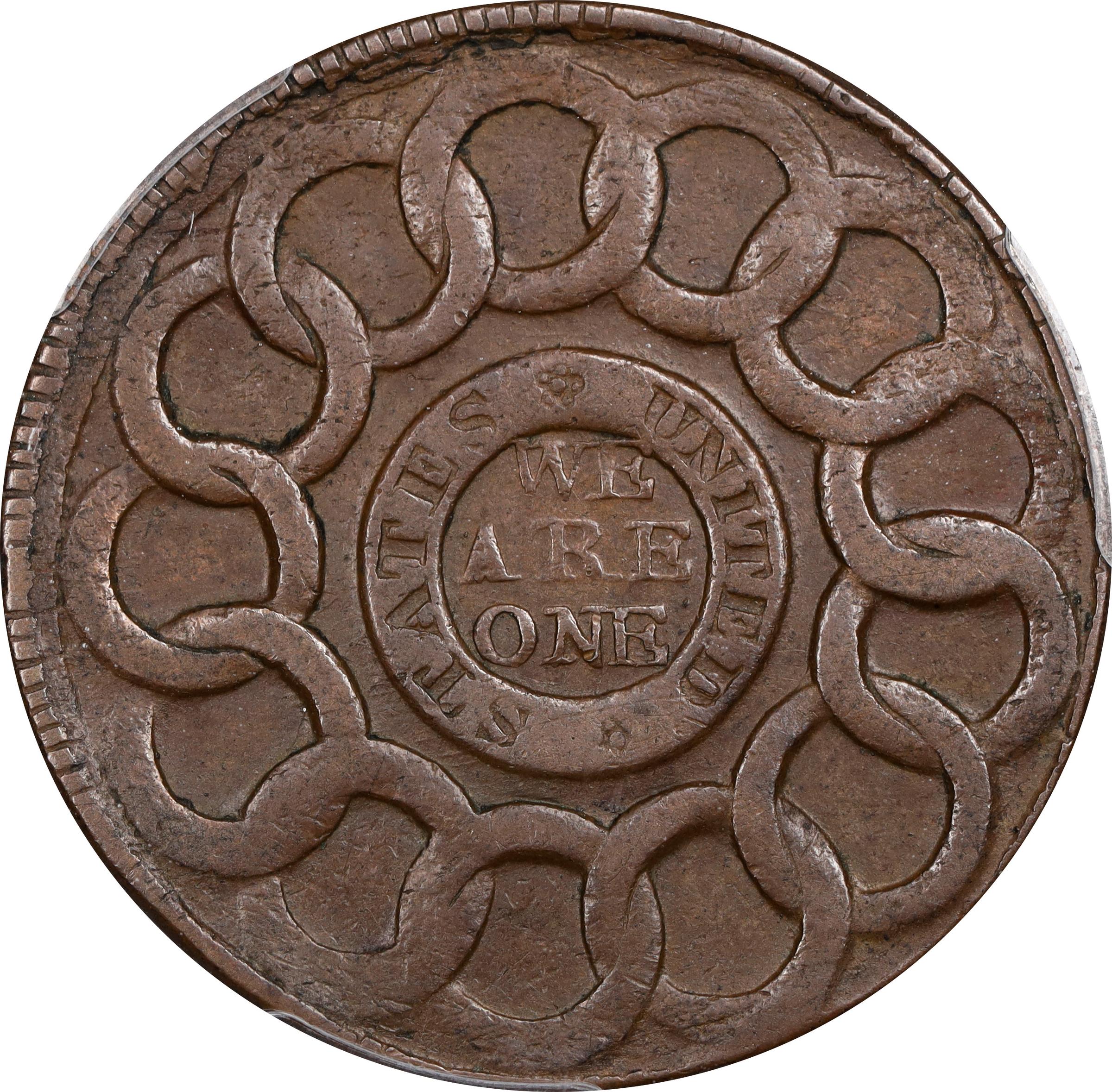 image for: 1787 Fugio Cent. Pointed Rays. Newman 13-N, W-6845. Rarity-5. STATES UNITED, 4 Cinquefoils. AU-50 (PCGS).