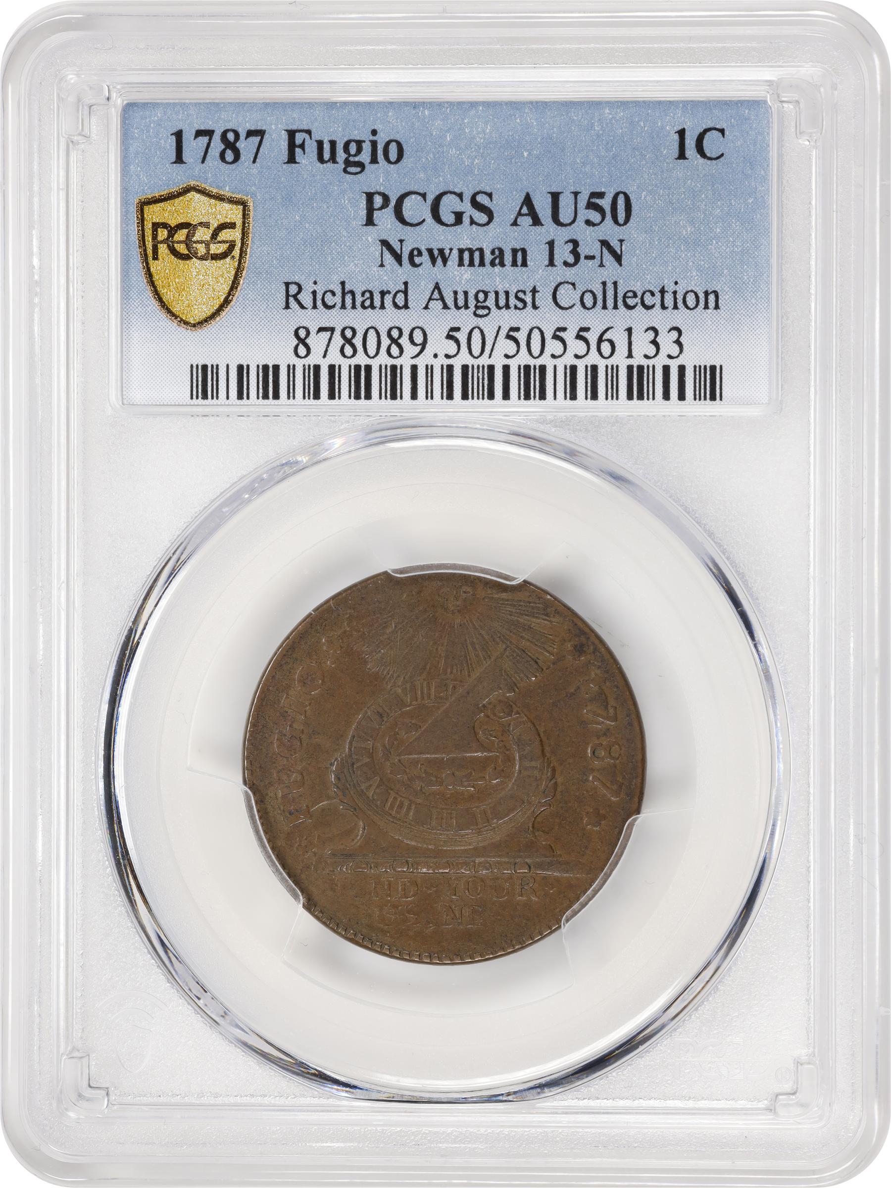 image for: 1787 Fugio Cent. Pointed Rays. Newman 13-N, W-6845. Rarity-5. STATES UNITED, 4 Cinquefoils. AU-50 (PCGS).