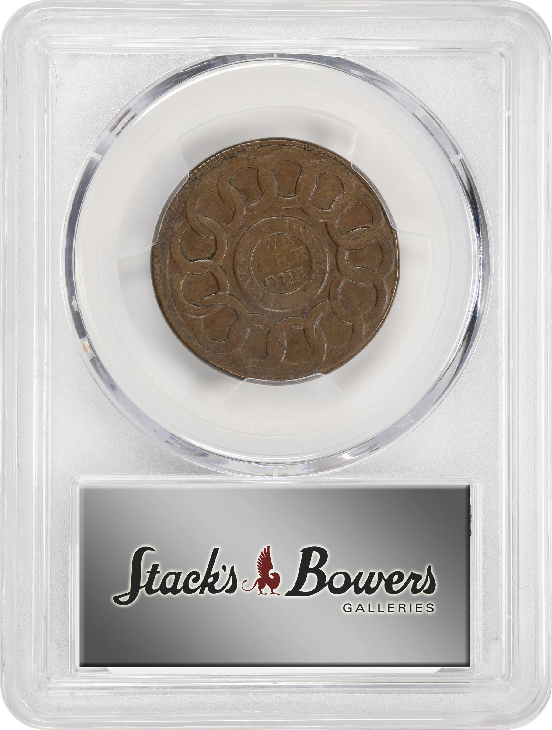 image for: 1787 Fugio Cent. Pointed Rays. Newman 13-N, W-6845. Rarity-5. STATES UNITED, 4 Cinquefoils. AU-50 (PCGS).