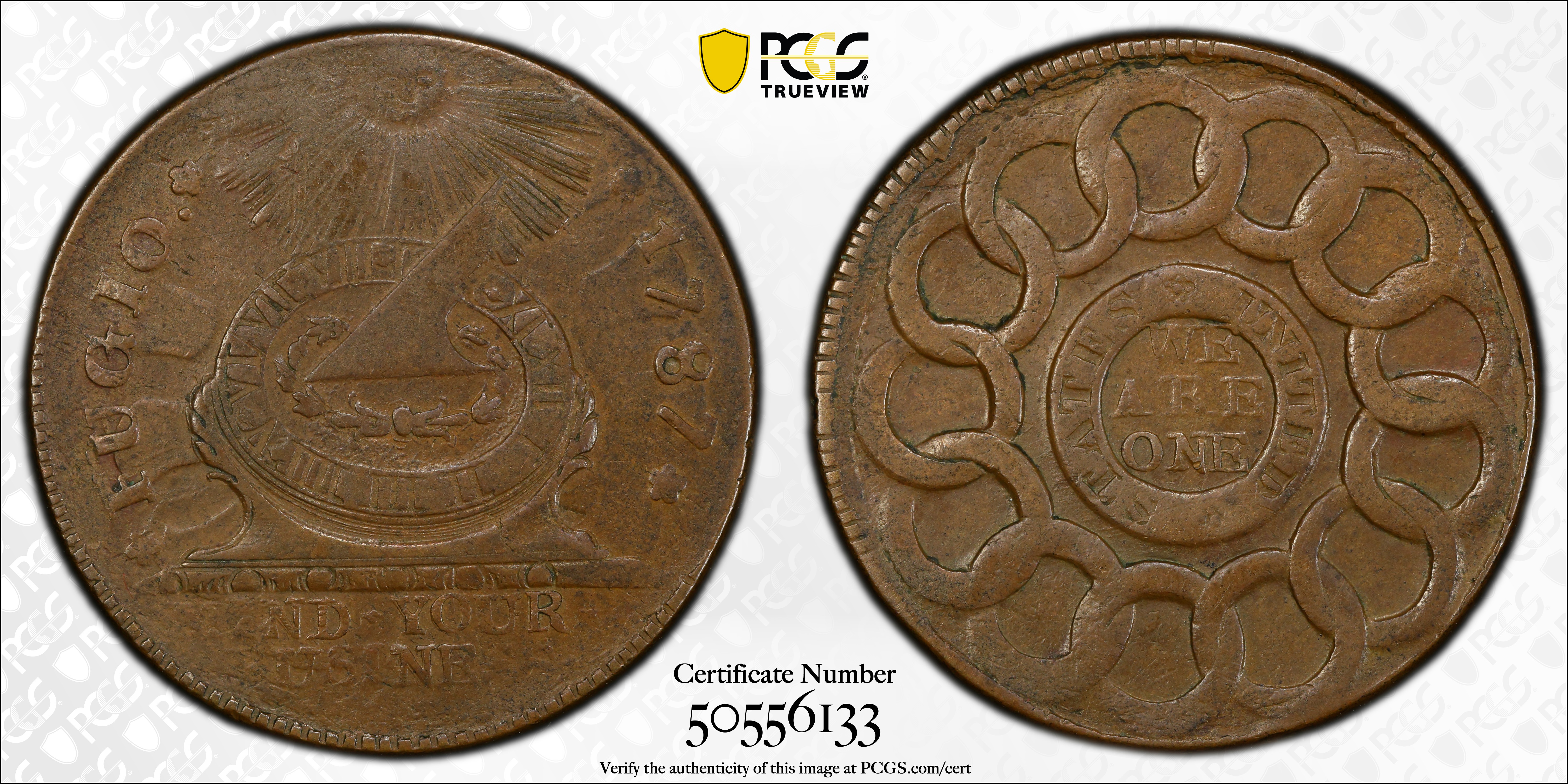image for: 1787 Fugio Cent. Pointed Rays. Newman 13-N, W-6845. Rarity-5. STATES UNITED, 4 Cinquefoils. AU-50 (PCGS).