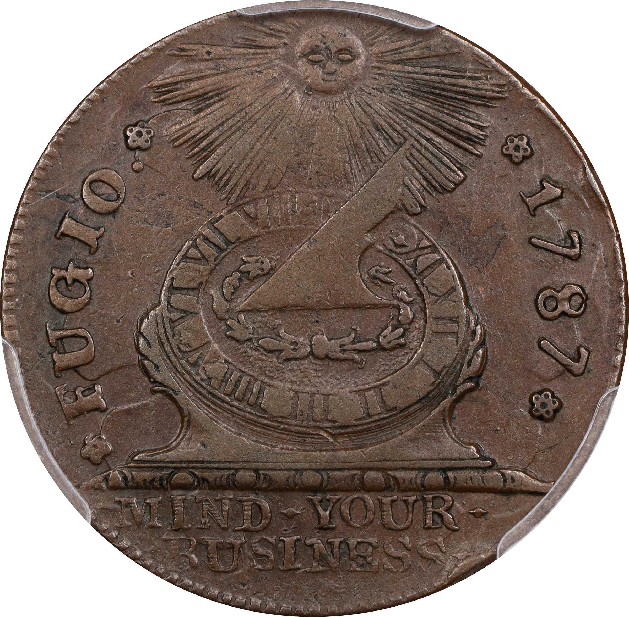 image for: 1787 Fugio Cent. Pointed Rays. Newman 13-R, W-6850. Rarity-4. STATES UNITED, 4 Cinquefoils. EF-45 (PCGS).