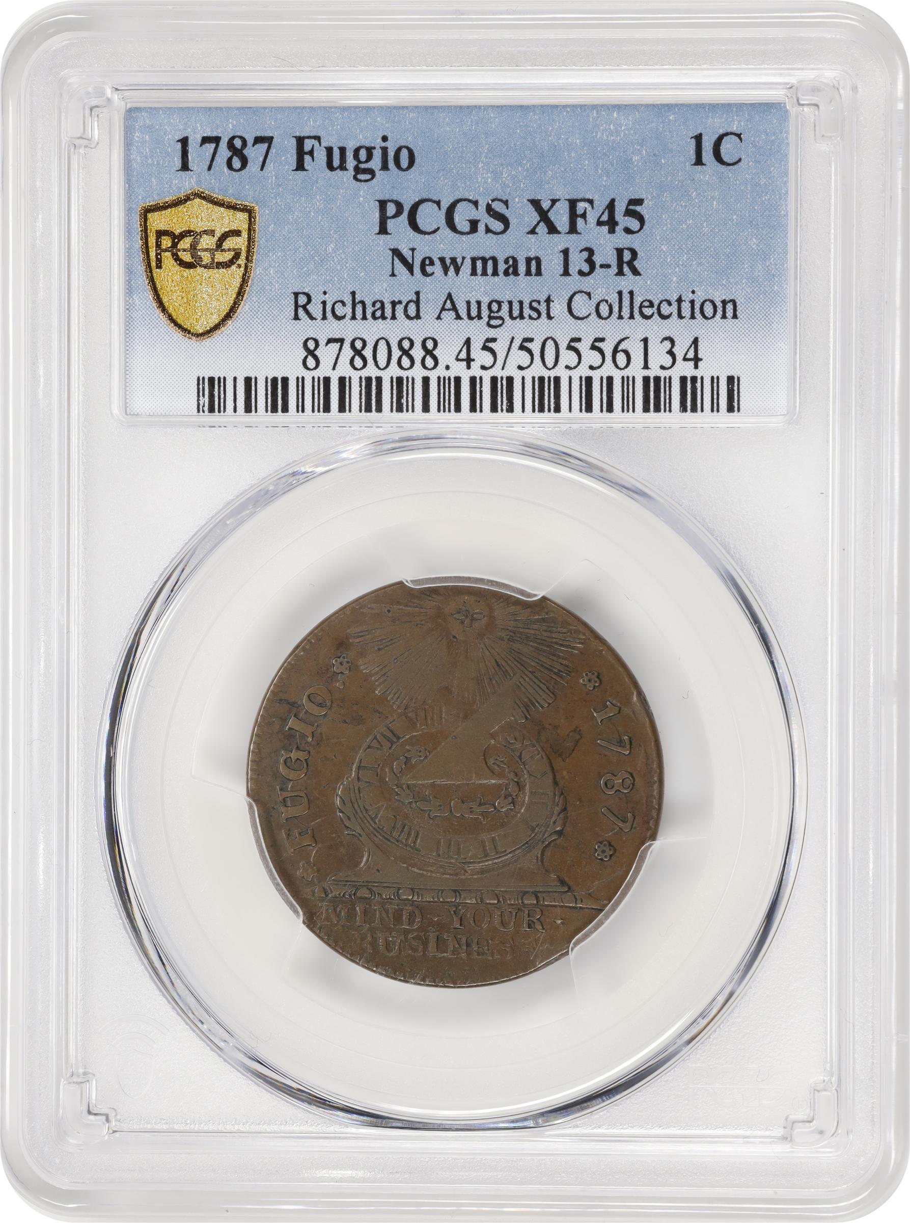 image for: 1787 Fugio Cent. Pointed Rays. Newman 13-R, W-6850. Rarity-4. STATES UNITED, 4 Cinquefoils. EF-45 (PCGS).