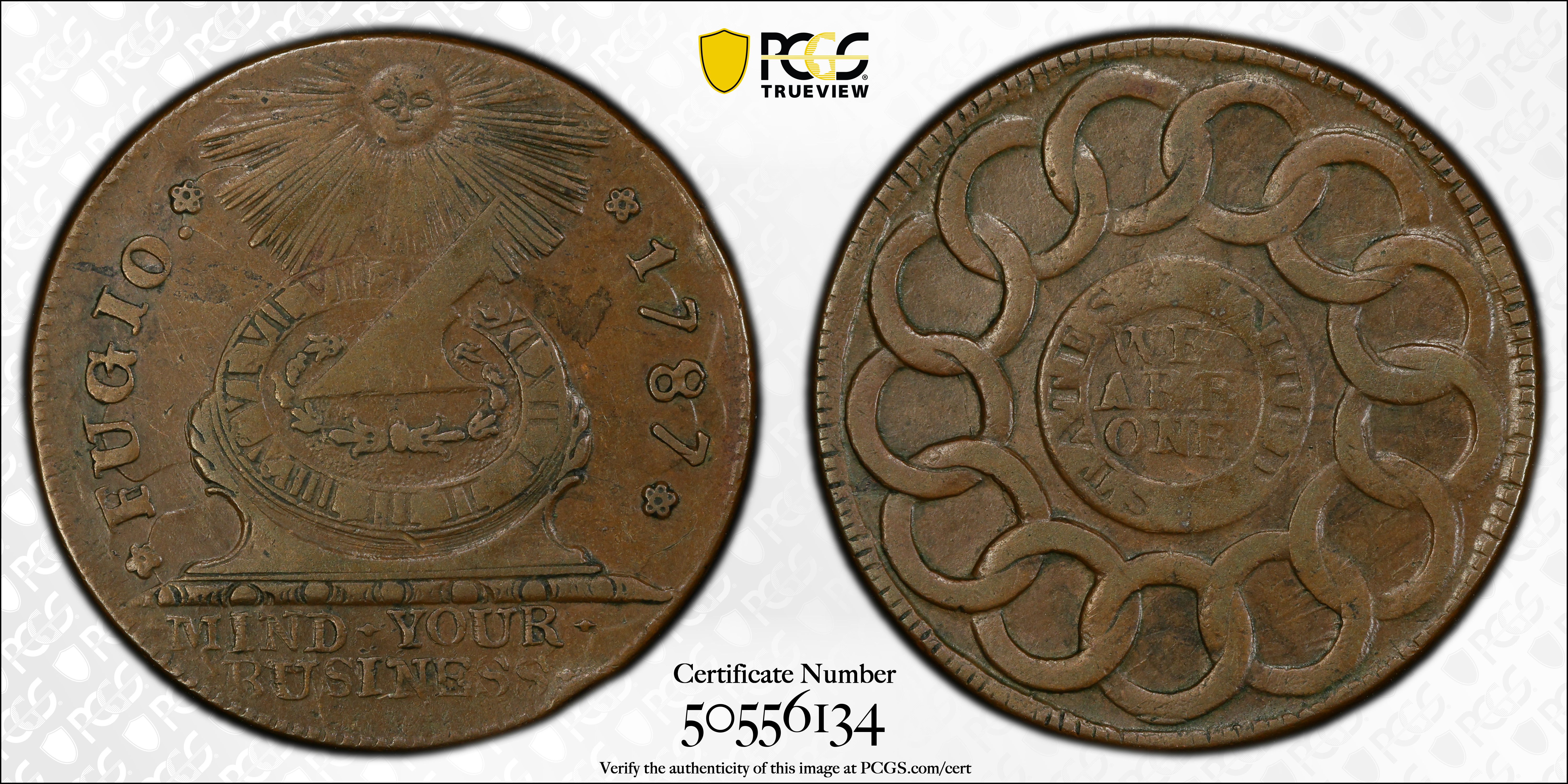 image for: 1787 Fugio Cent. Pointed Rays. Newman 13-R, W-6850. Rarity-4. STATES UNITED, 4 Cinquefoils. EF-45 (PCGS).